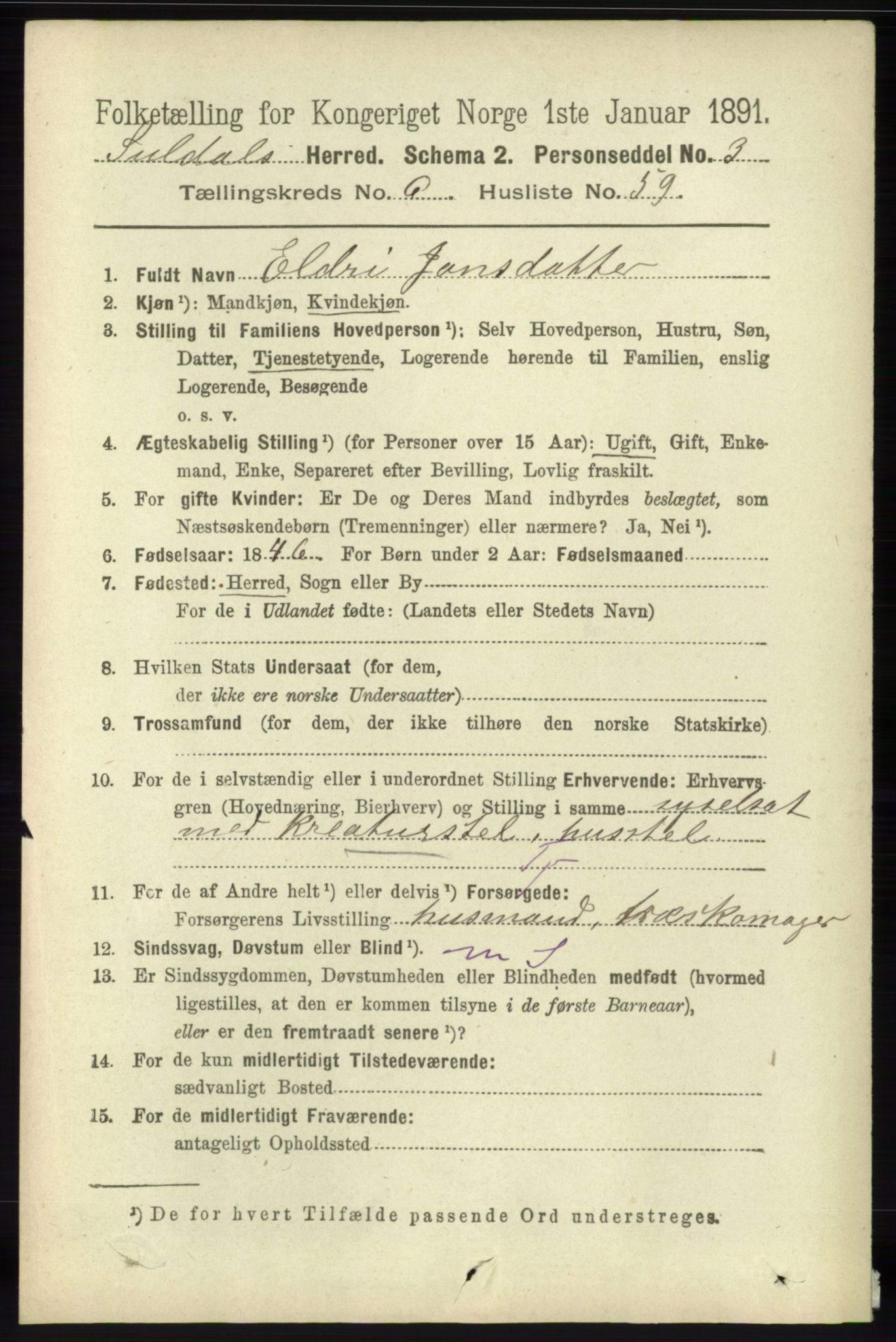 RA, 1891 census for 1134 Suldal, 1891, p. 1936