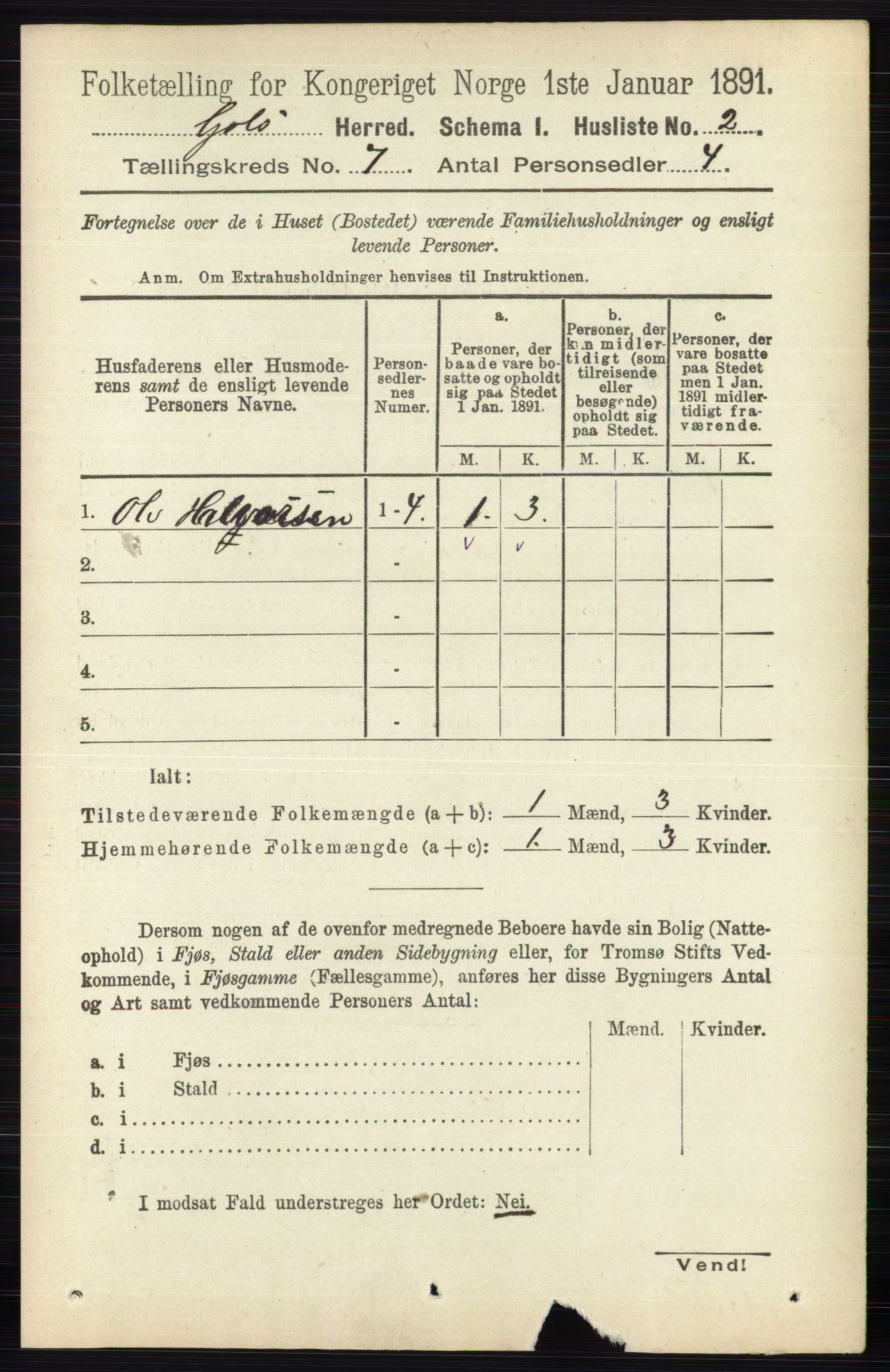 RA, 1891 census for 0617 Gol og Hemsedal, 1891, p. 2773