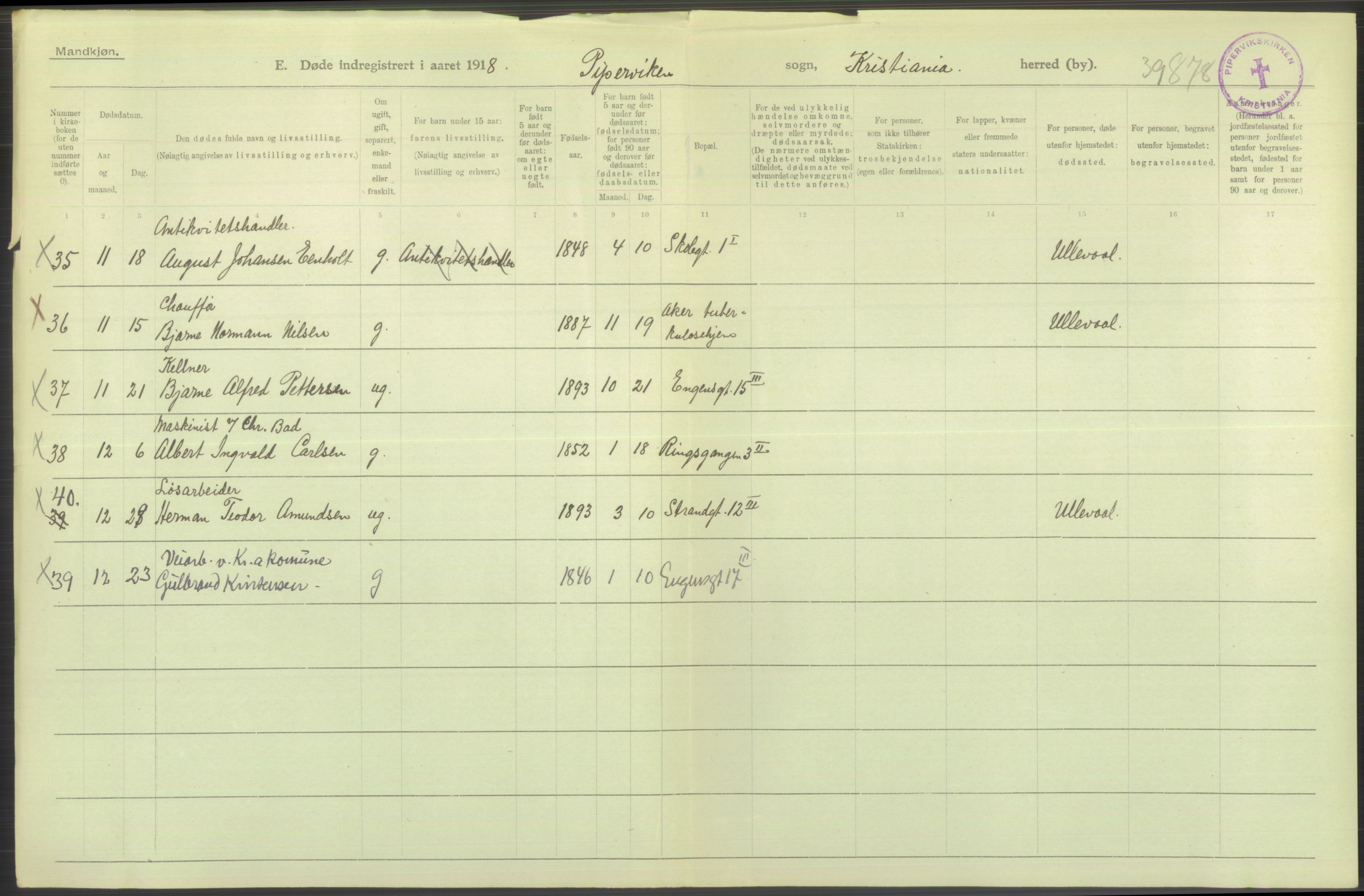 Statistisk sentralbyrå, Sosiodemografiske emner, Befolkning, RA/S-2228/D/Df/Dfb/Dfbh/L0011: Kristiania: Døde, dødfødte, 1918, p. 48