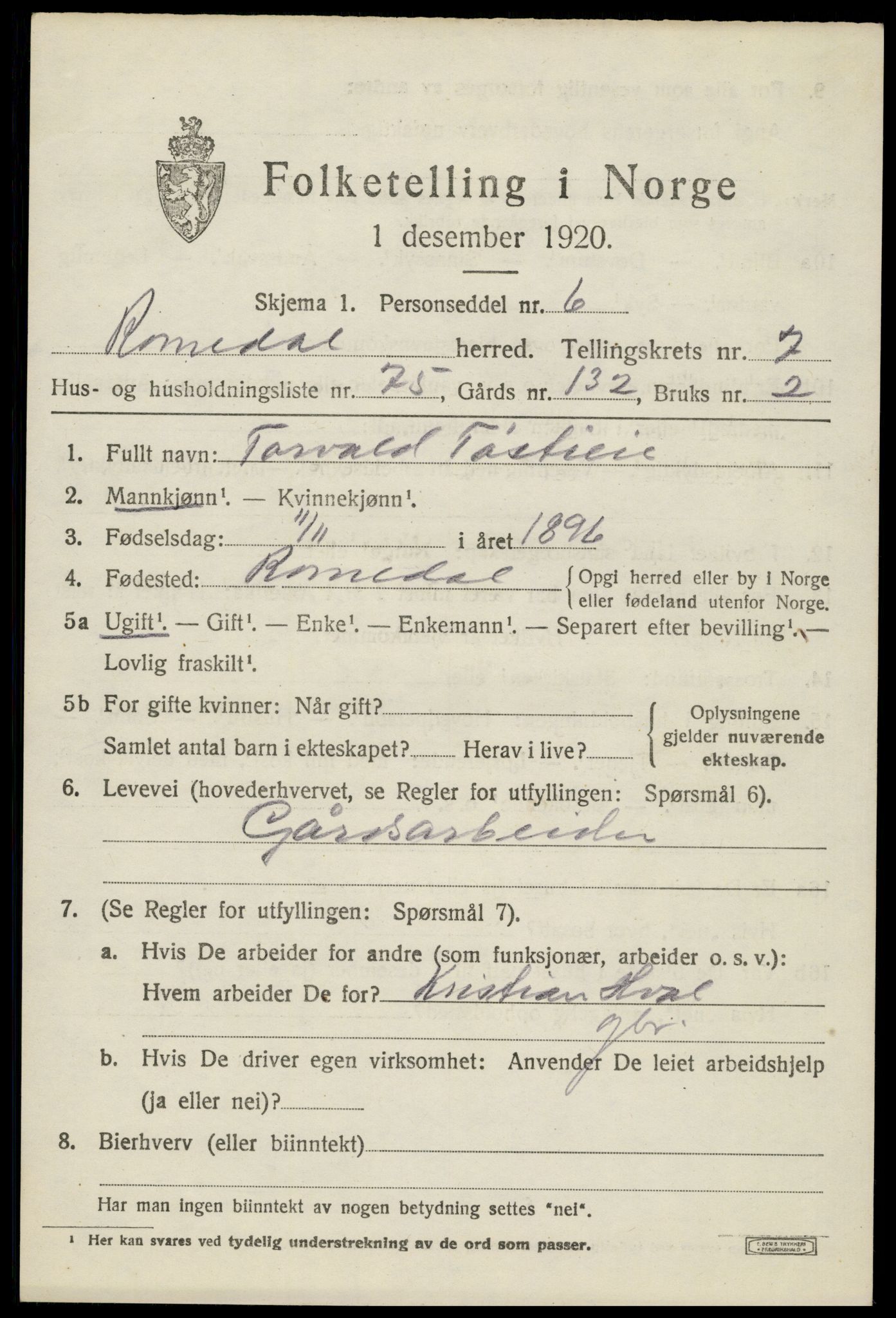 SAH, 1920 census for Romedal, 1920, p. 9563