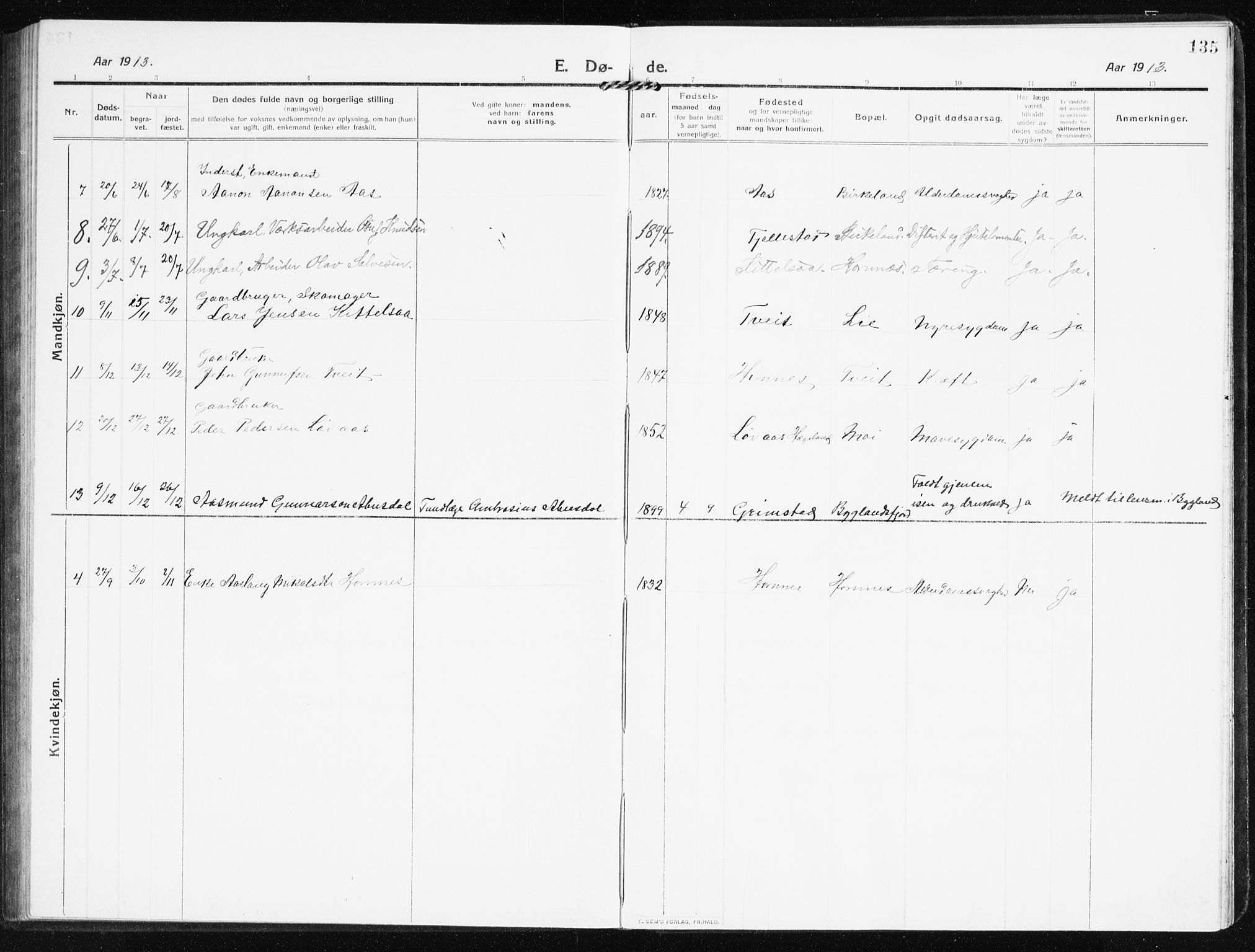 Evje sokneprestkontor, AV/SAK-1111-0008/F/Fb/Fbb/L0003: Parish register (copy) no. B 3, 1910-1933, p. 135