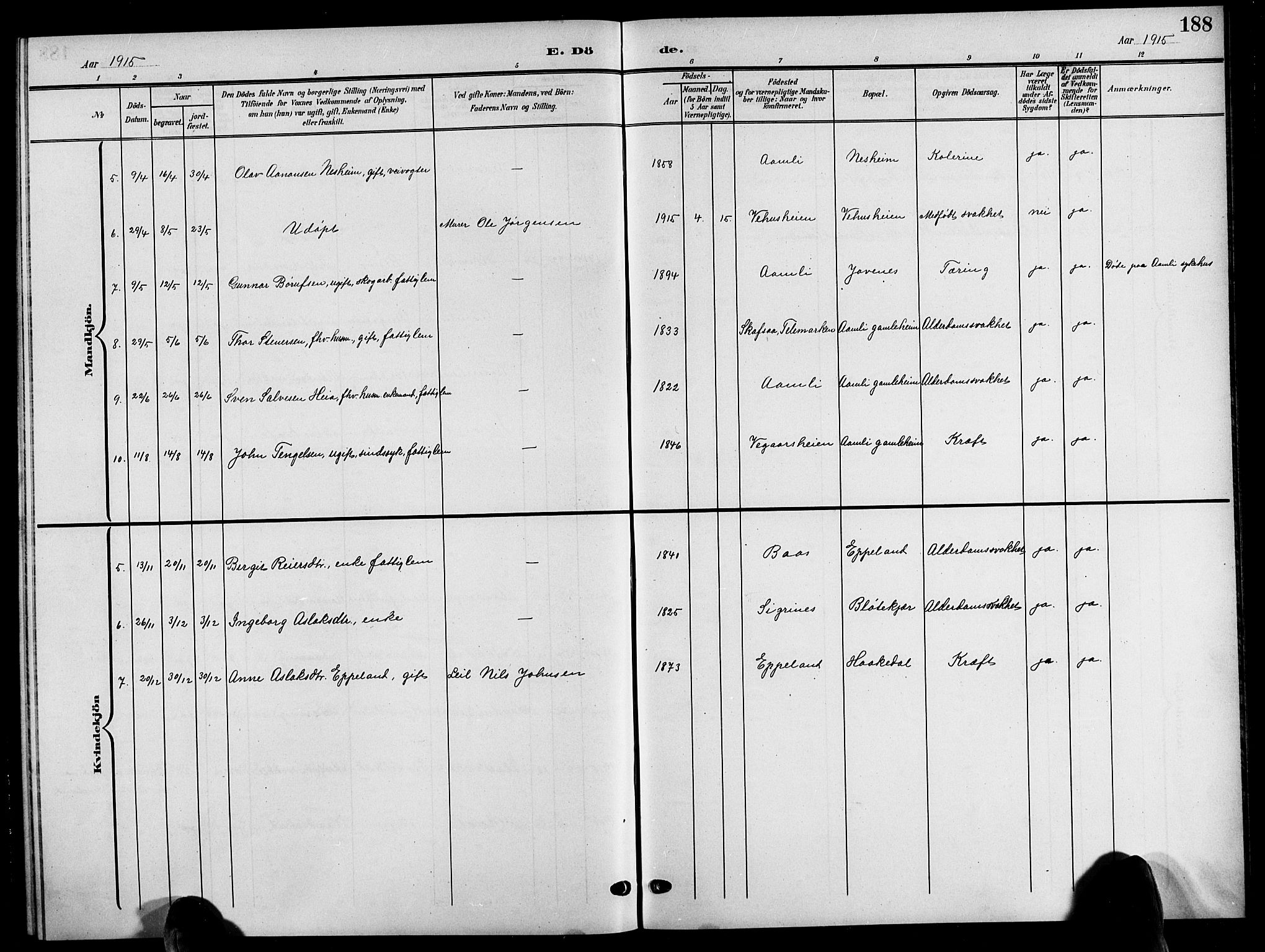 Åmli sokneprestkontor, AV/SAK-1111-0050/F/Fb/Fbc/L0005: Parish register (copy) no. B 5, 1903-1916, p. 188