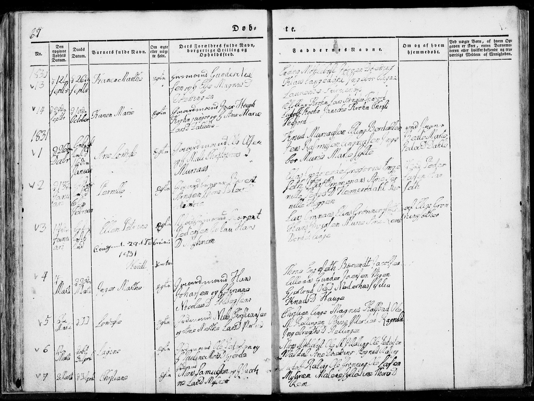 Ministerialprotokoller, klokkerbøker og fødselsregistre - Møre og Romsdal, AV/SAT-A-1454/519/L0247: Parish register (official) no. 519A06, 1827-1846, p. 67