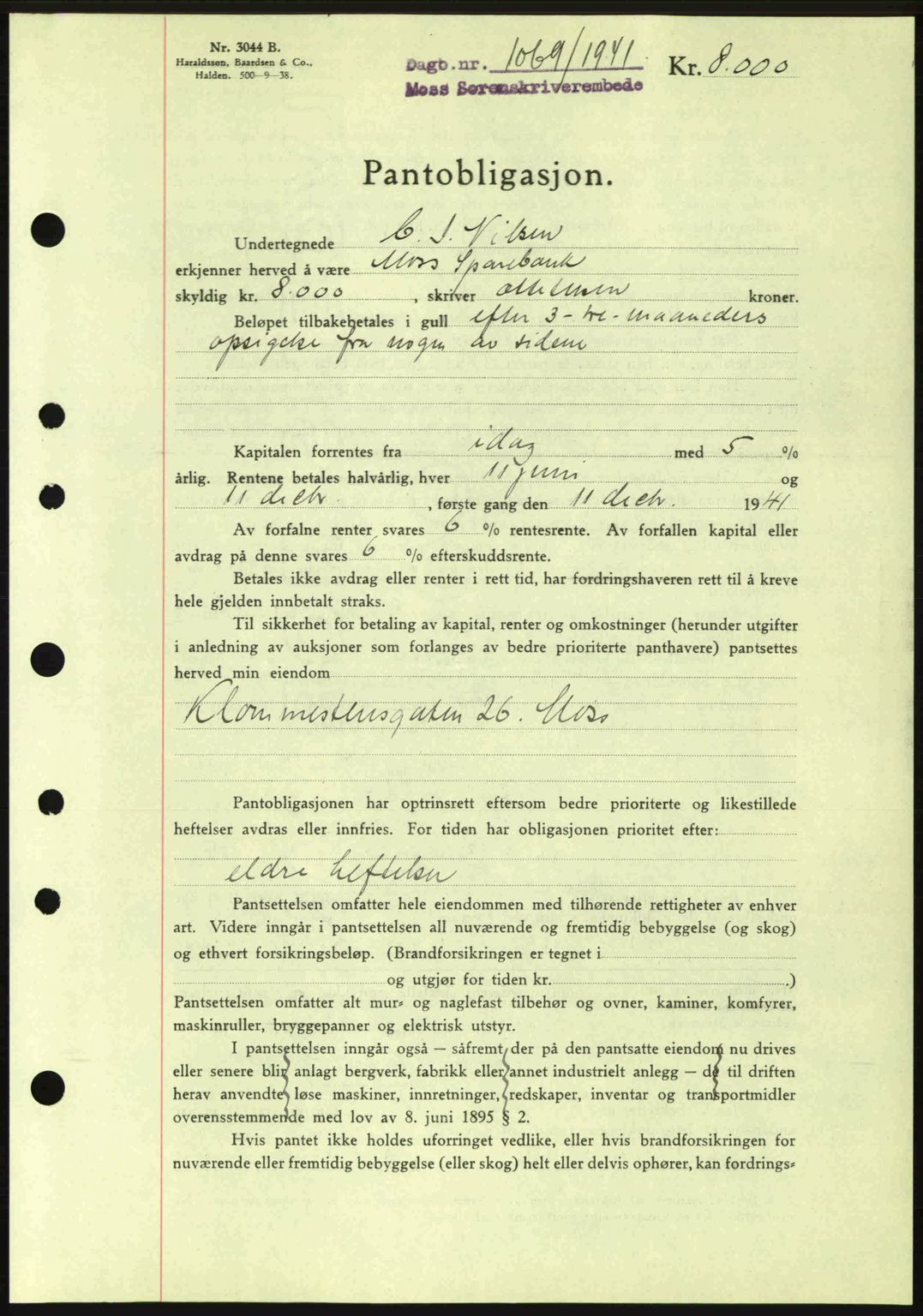 Moss sorenskriveri, SAO/A-10168: Mortgage book no. B10, 1940-1941, Diary no: : 1069/1941