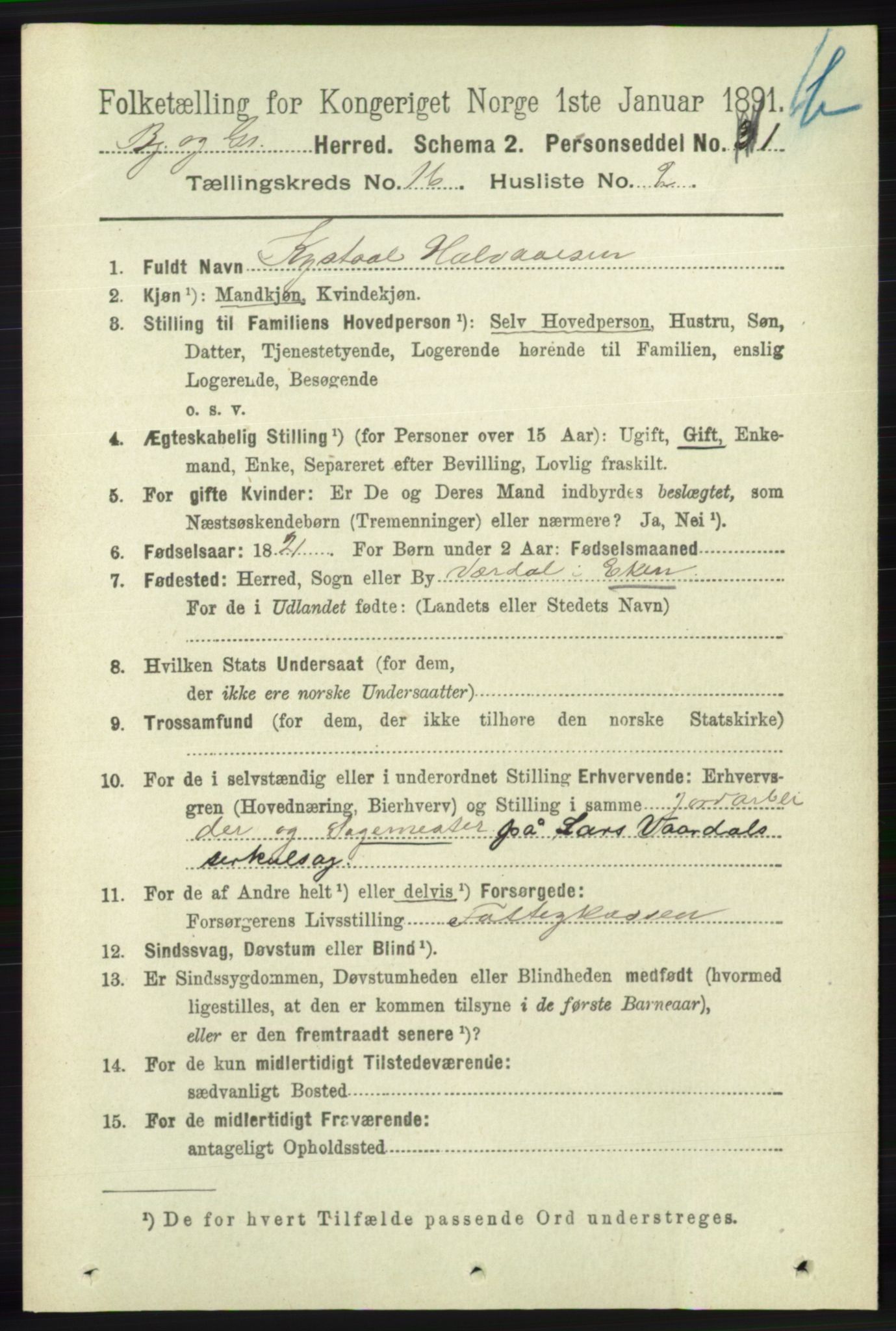 RA, 1891 census for 1024 Bjelland og Grindheim, 1891, p. 780