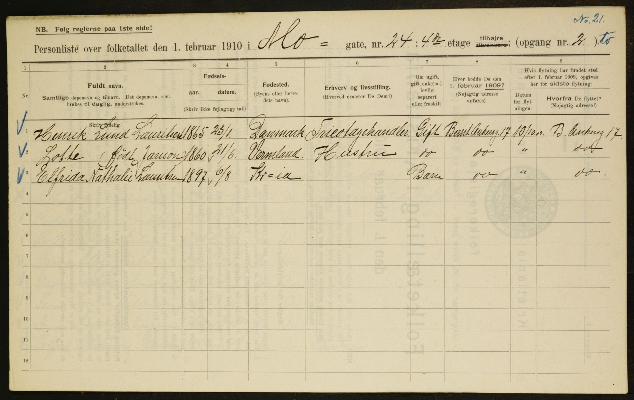 OBA, Municipal Census 1910 for Kristiania, 1910, p. 63469