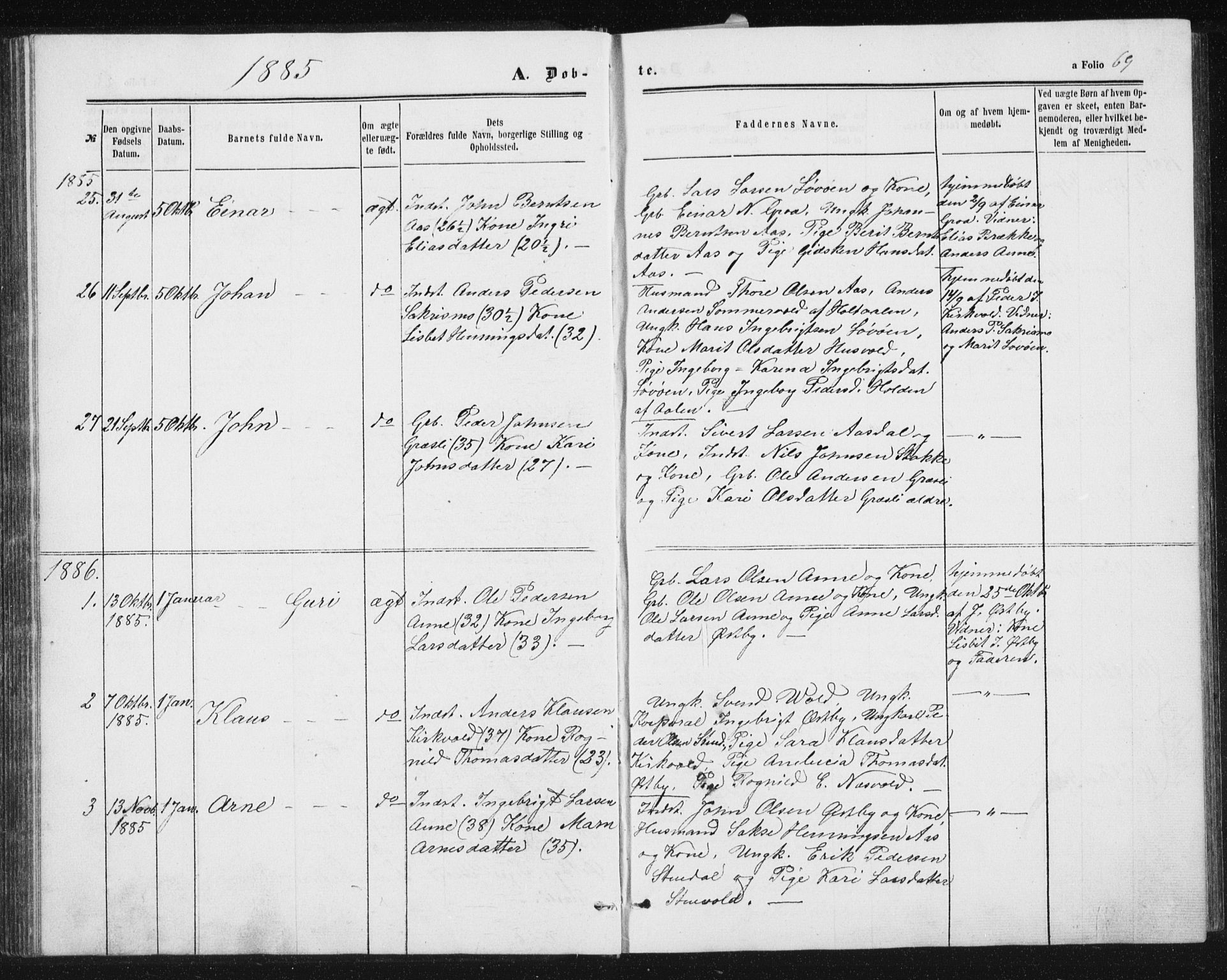 Ministerialprotokoller, klokkerbøker og fødselsregistre - Sør-Trøndelag, SAT/A-1456/698/L1166: Parish register (copy) no. 698C03, 1861-1887, p. 69
