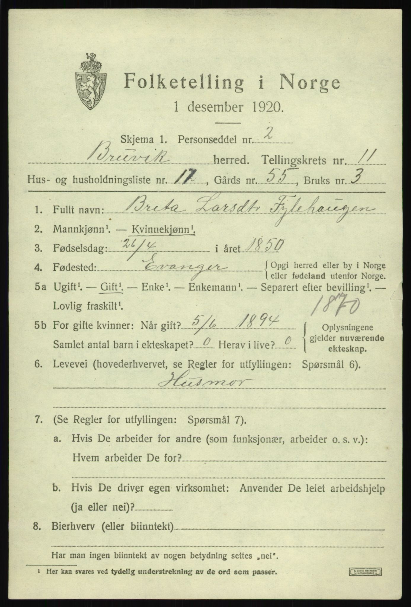 SAB, 1920 census for Bruvik, 1920, p. 7878