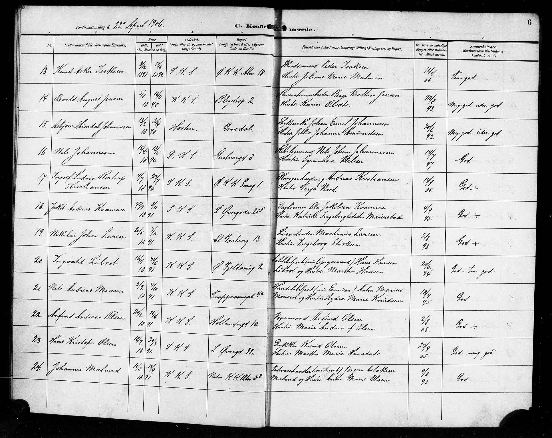Korskirken sokneprestembete, AV/SAB-A-76101/H/Hab: Parish register (copy) no. C 5, 1906-1918, p. 6
