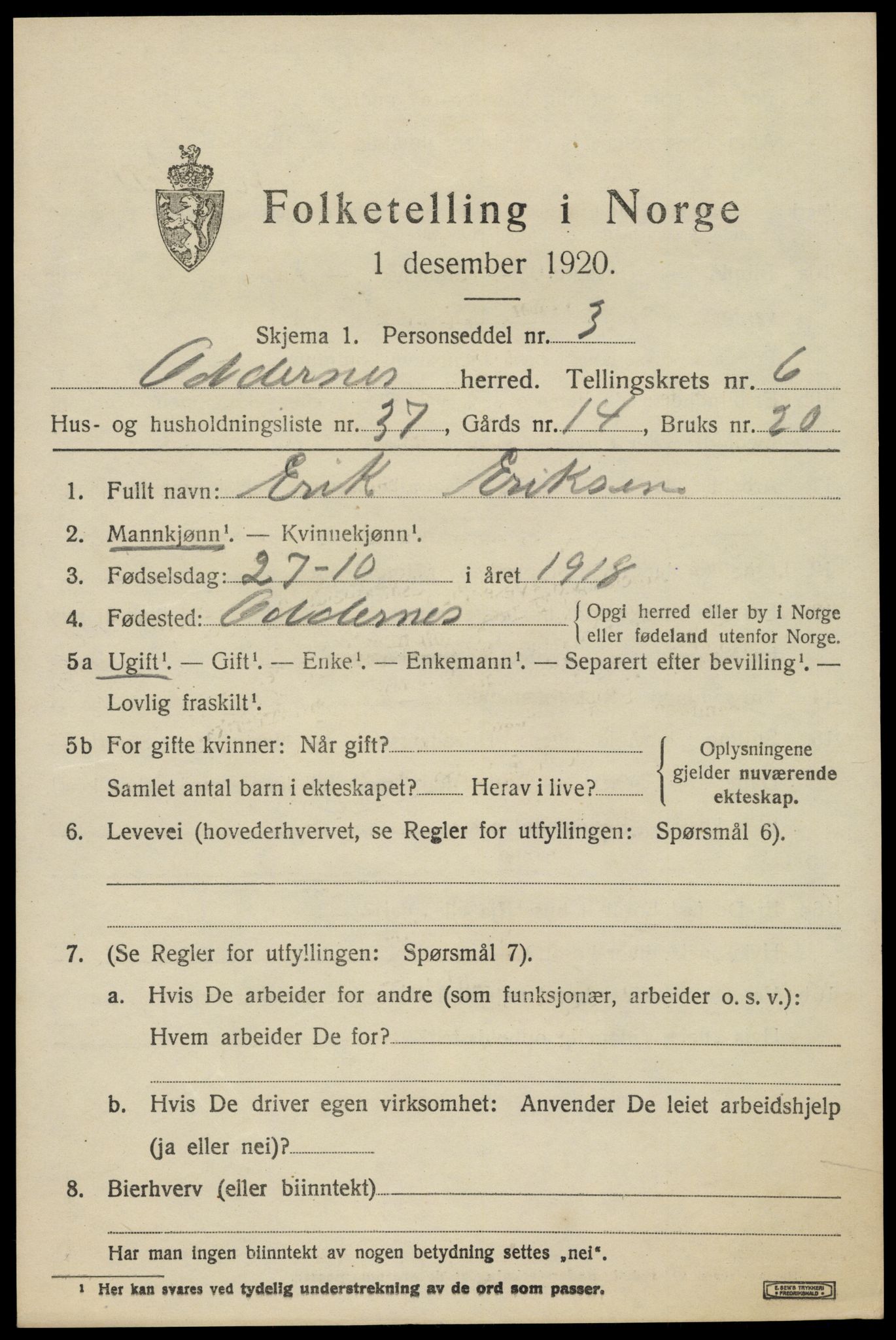 SAK, 1920 census for Oddernes, 1920, p. 5365