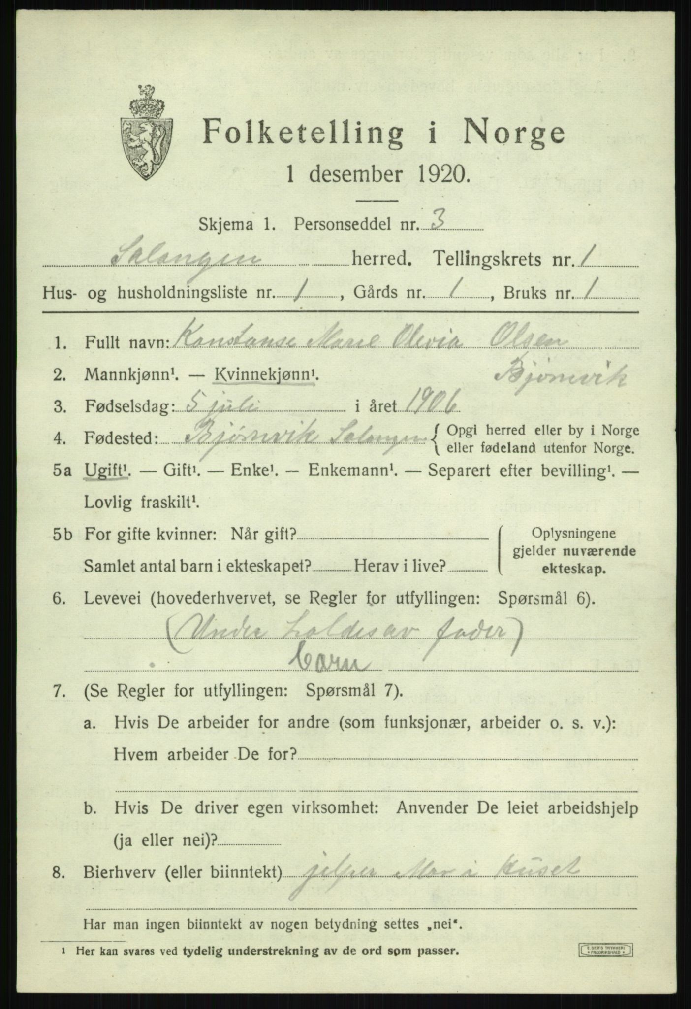 SATØ, 1920 census for Salangen, 1920, p. 942