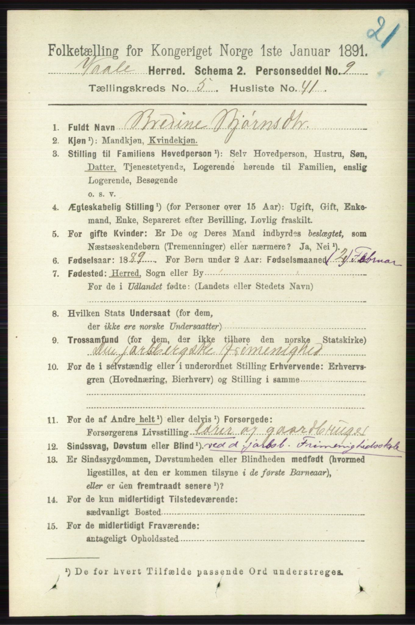 RA, 1891 census for 0716 Våle, 1891, p. 1632