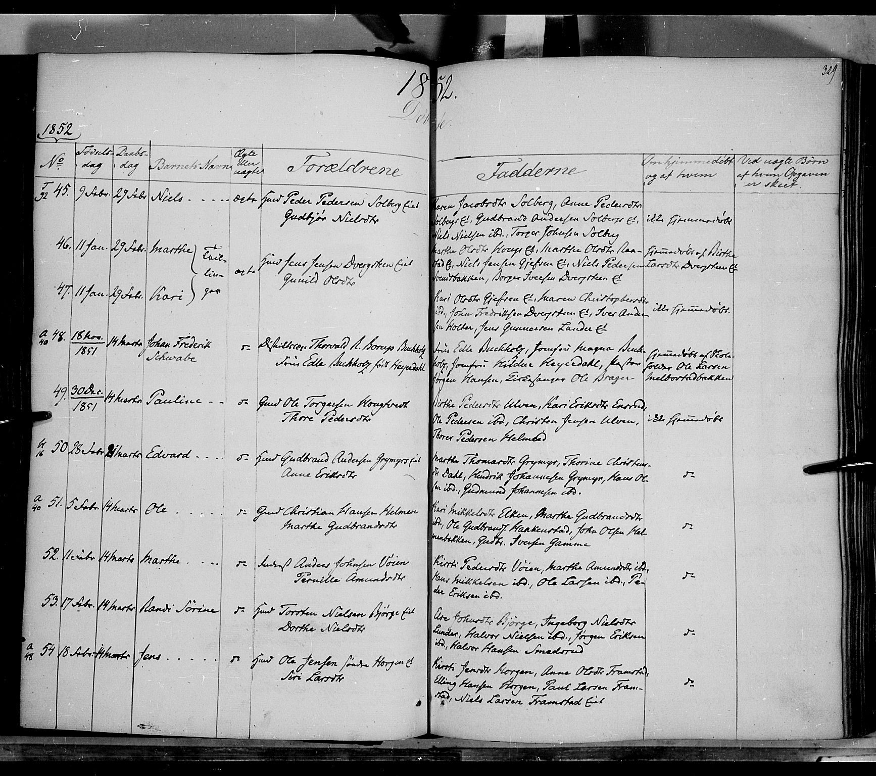 Gran prestekontor, SAH/PREST-112/H/Ha/Haa/L0011: Parish register (official) no. 11, 1842-1856, p. 328-329