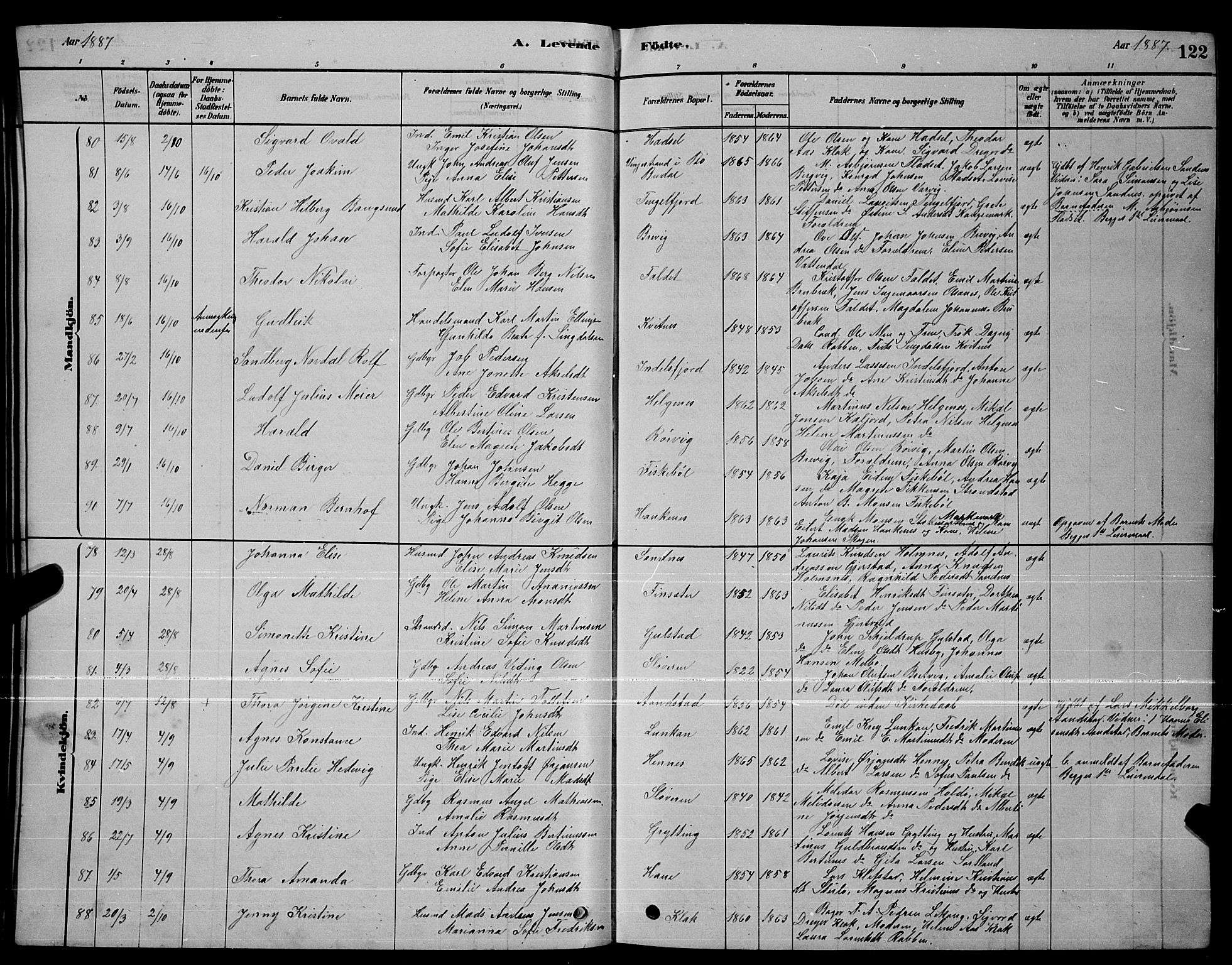 Ministerialprotokoller, klokkerbøker og fødselsregistre - Nordland, AV/SAT-A-1459/888/L1267: Parish register (copy) no. 888C05, 1878-1890, p. 122