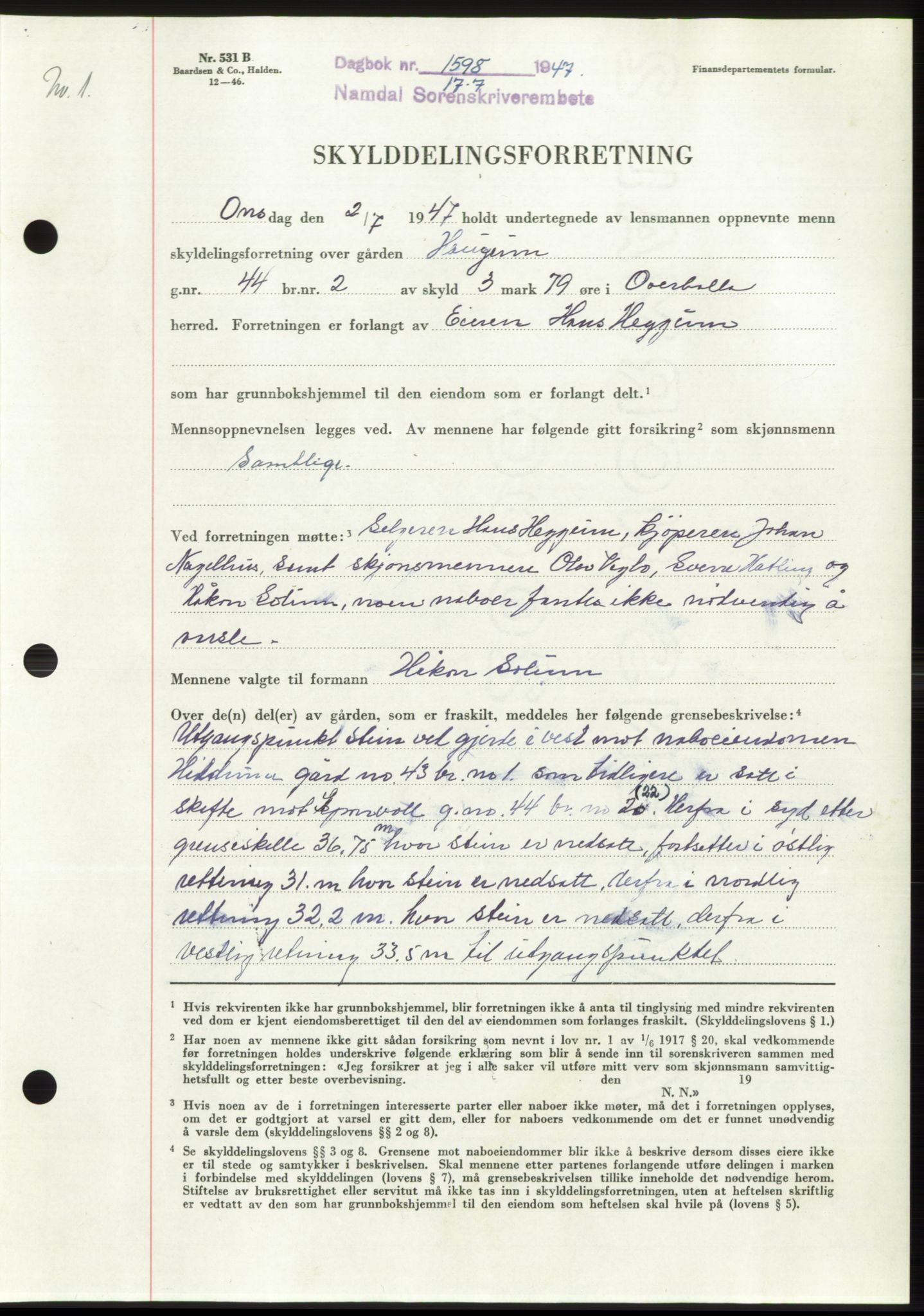 Namdal sorenskriveri, AV/SAT-A-4133/1/2/2C: Mortgage book no. -, 1947-1947, Diary no: : 1598/1947