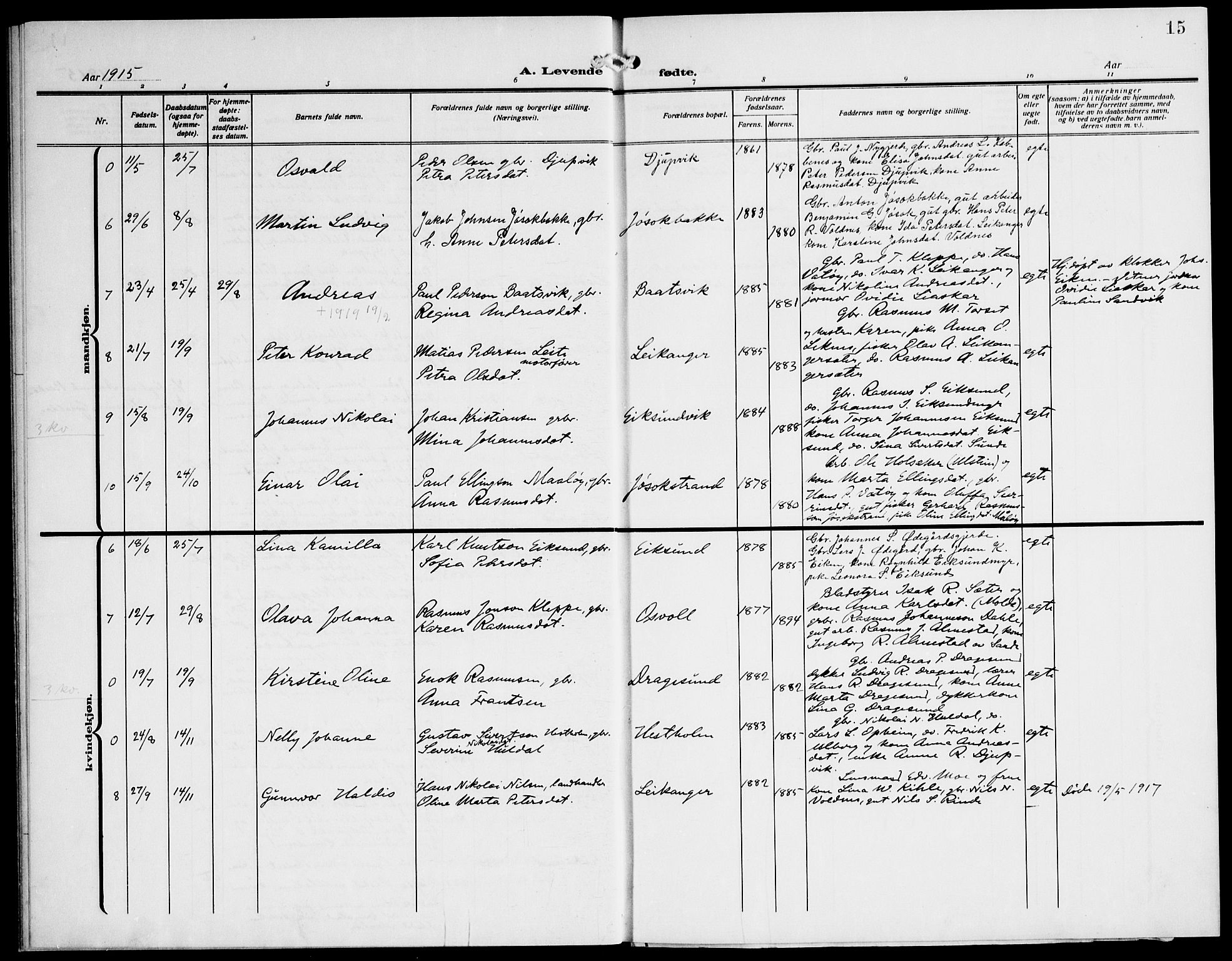 Ministerialprotokoller, klokkerbøker og fødselsregistre - Møre og Romsdal, AV/SAT-A-1454/508/L0096: Parish register (official) no. 508A03, 1911-1920, p. 15