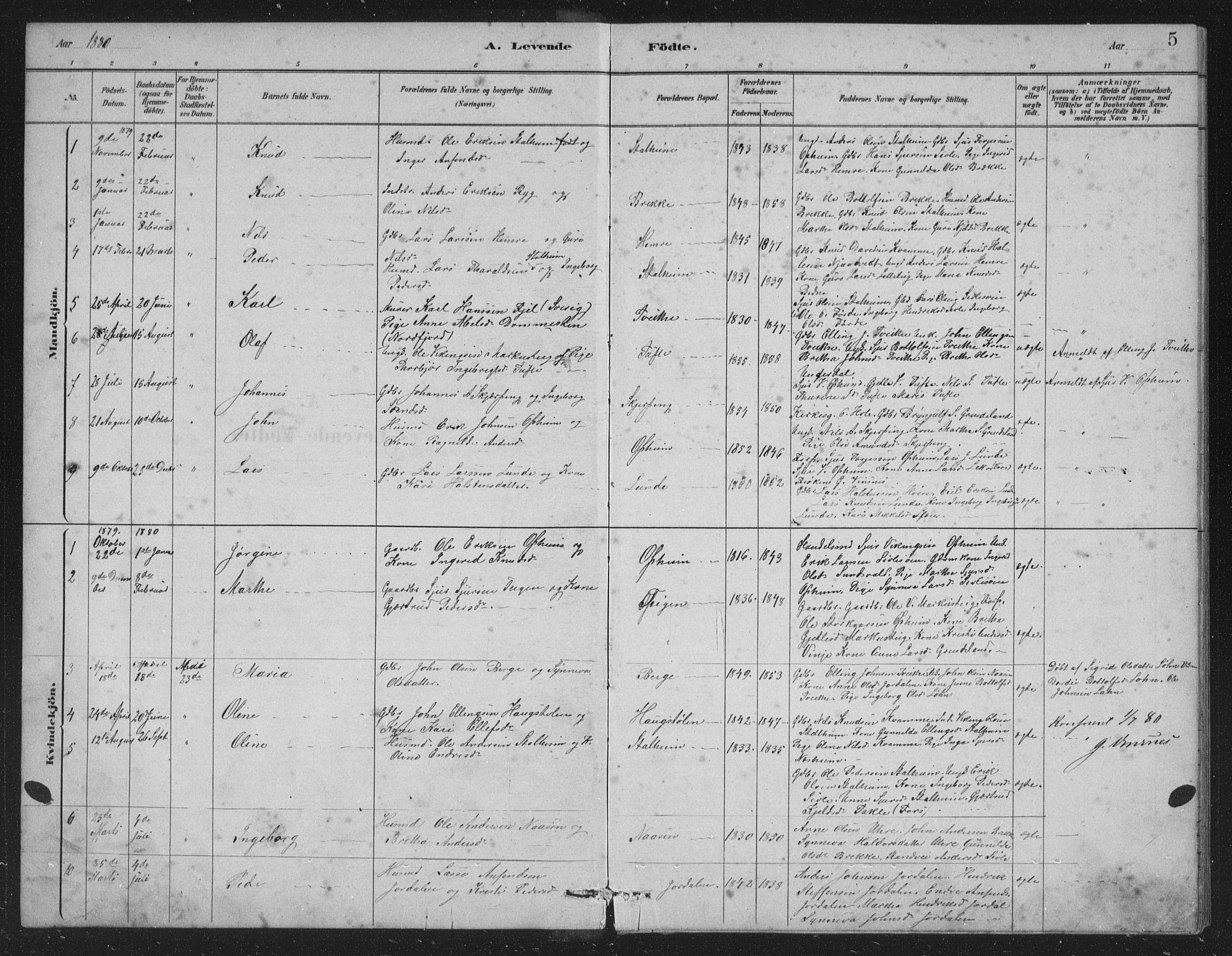 Vossestrand Sokneprestembete, SAB/A-79101/H/Hab: Parish register (copy) no. A 2, 1880-1902, p. 5