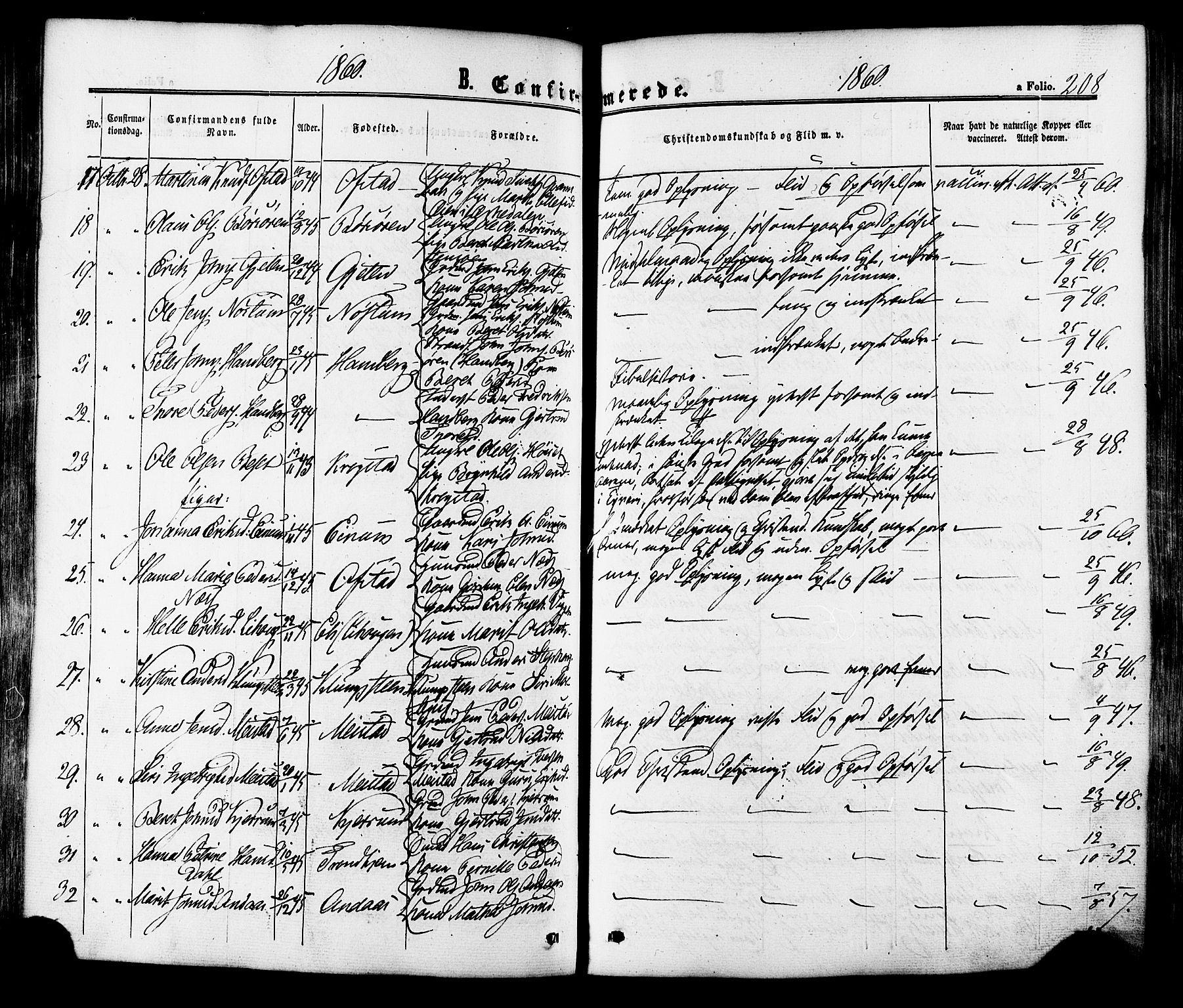 Ministerialprotokoller, klokkerbøker og fødselsregistre - Sør-Trøndelag, AV/SAT-A-1456/665/L0772: Parish register (official) no. 665A07, 1856-1878, p. 208