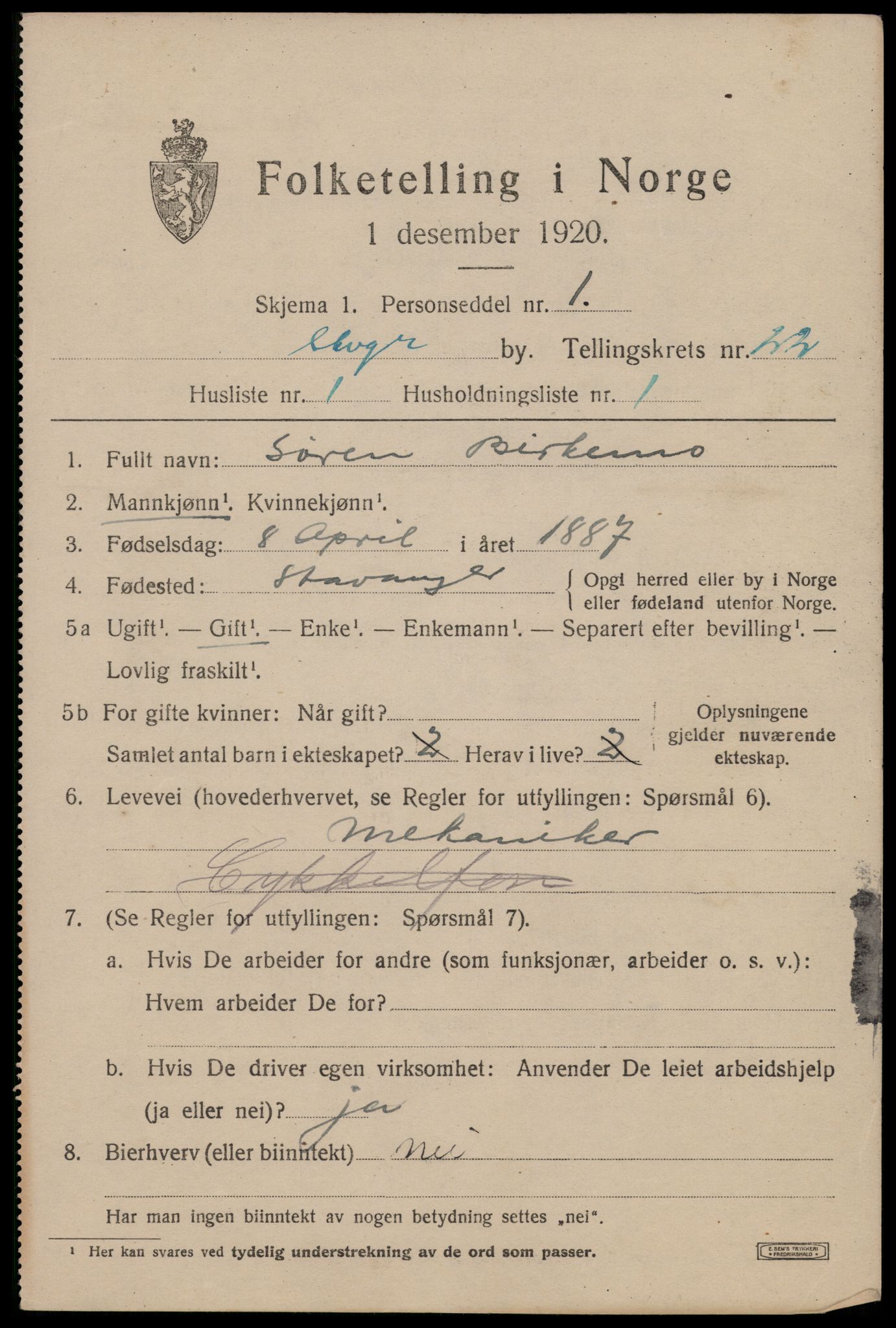 SAST, 1920 census for Stavanger, 1920, p. 73758