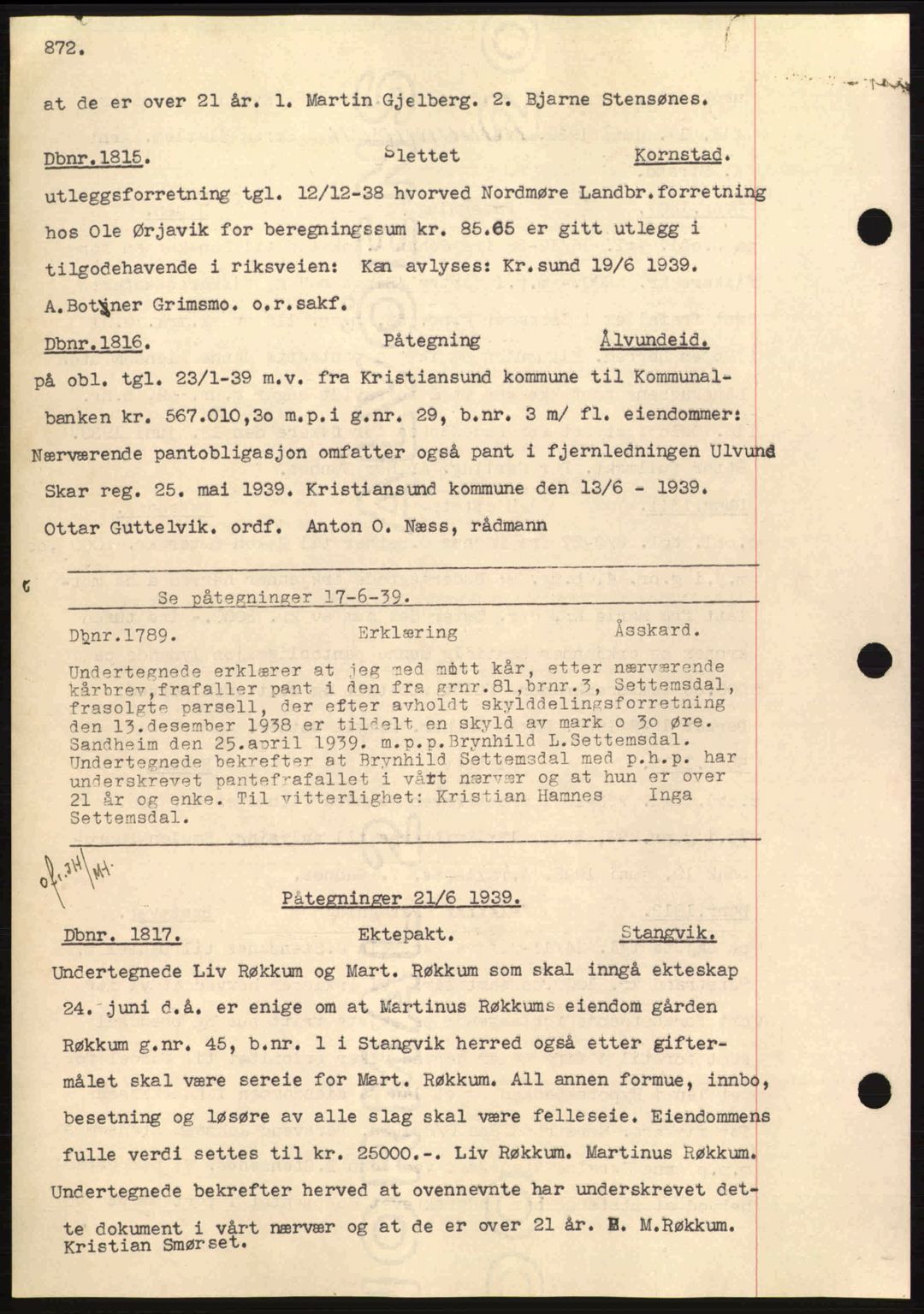 Nordmøre sorenskriveri, AV/SAT-A-4132/1/2/2Ca: Mortgage book no. C80, 1936-1939, Diary no: : 1815/1939