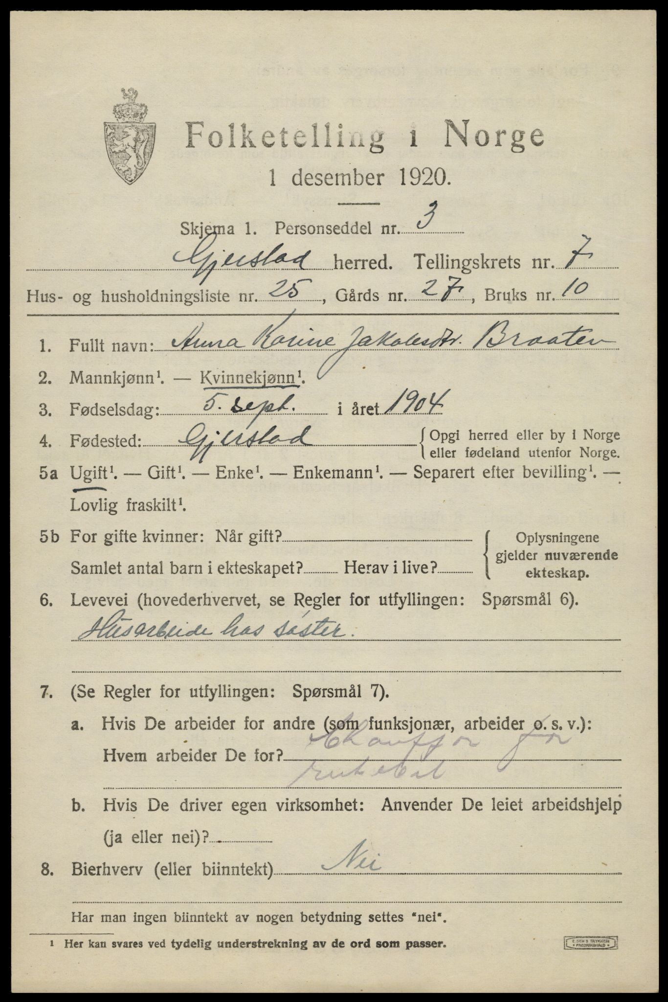 SAK, 1920 census for Gjerstad, 1920, p. 4851