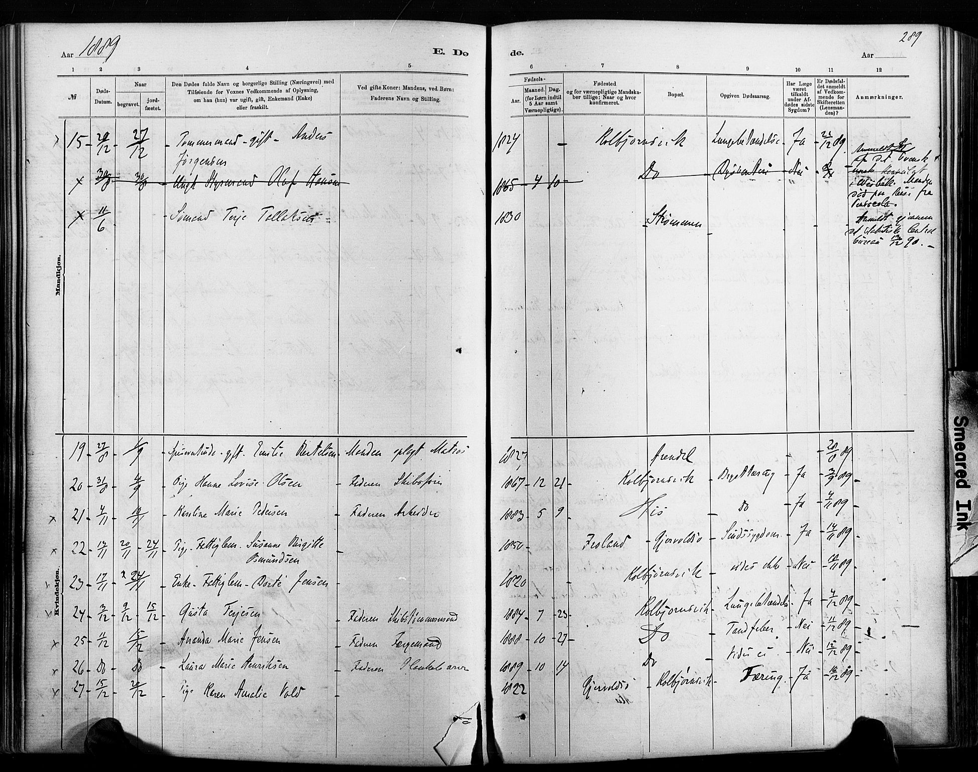 Hisøy sokneprestkontor, AV/SAK-1111-0020/F/Fa/L0003: Parish register (official) no. A 3, 1881-1894, p. 289