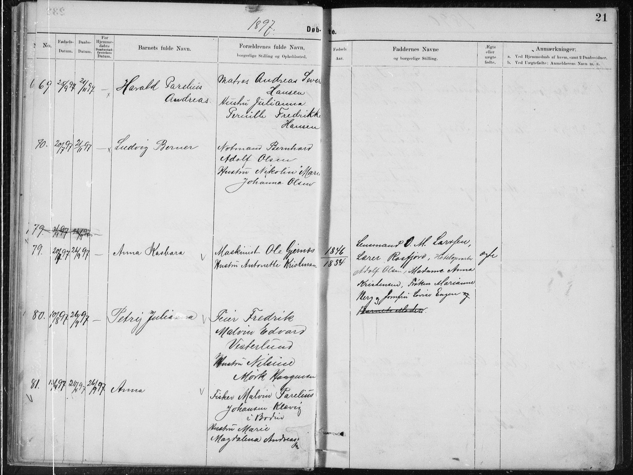 Ministerialprotokoller, klokkerbøker og fødselsregistre - Nordland, AV/SAT-A-1459/801/L0032: Parish register (copy) no. 801C07, 1889-1897, p. 21