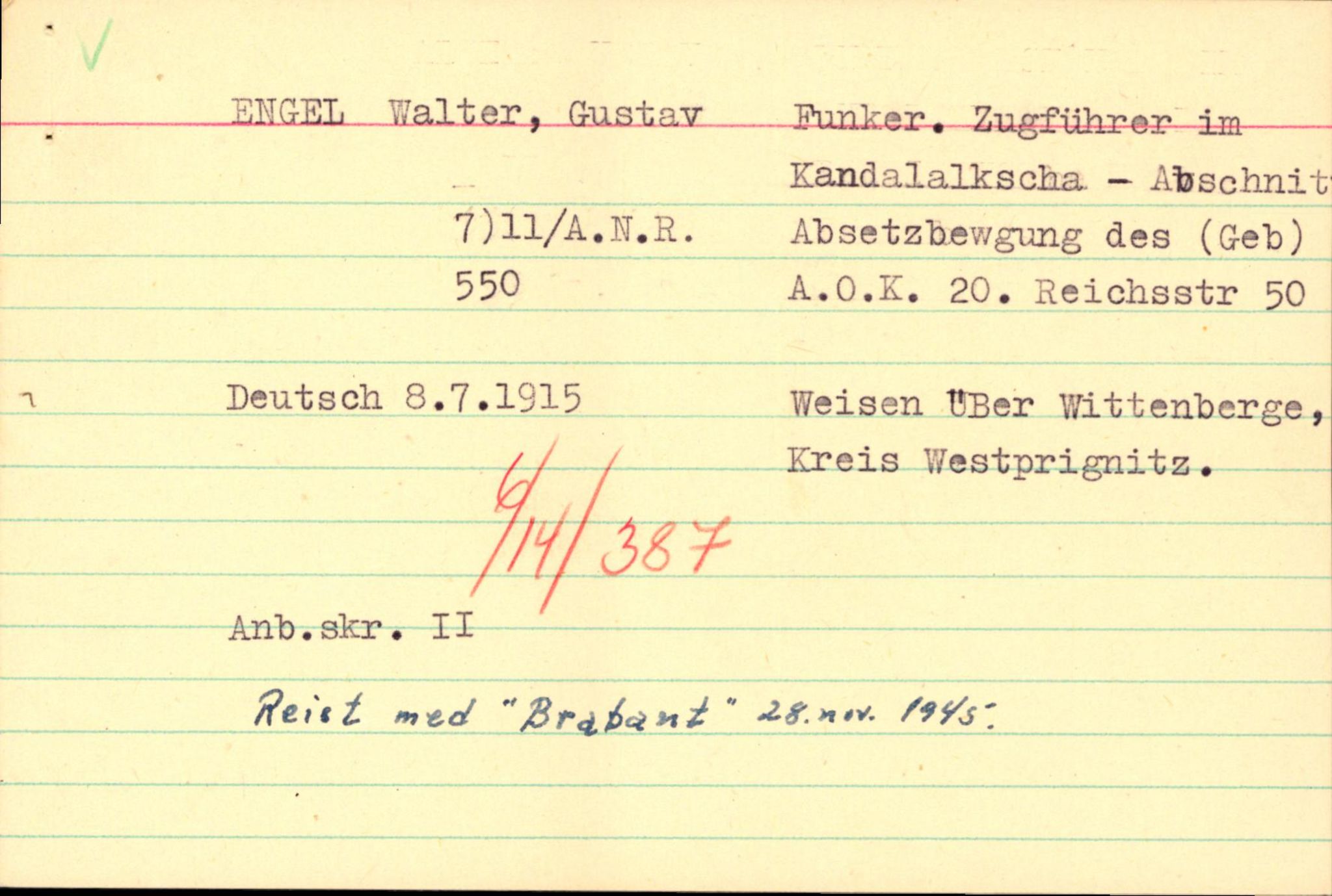 Forsvaret, Forsvarets overkommando II, RA/RAFA-3915/D/Db/L0007: CI Questionaires. Tyske okkupasjonsstyrker i Norge. Tyskere., 1945-1946, p. 208