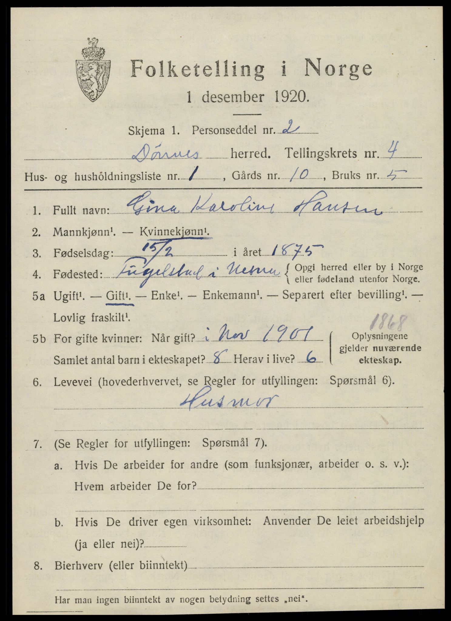 SAT, 1920 census for Dønnes, 1920, p. 2154