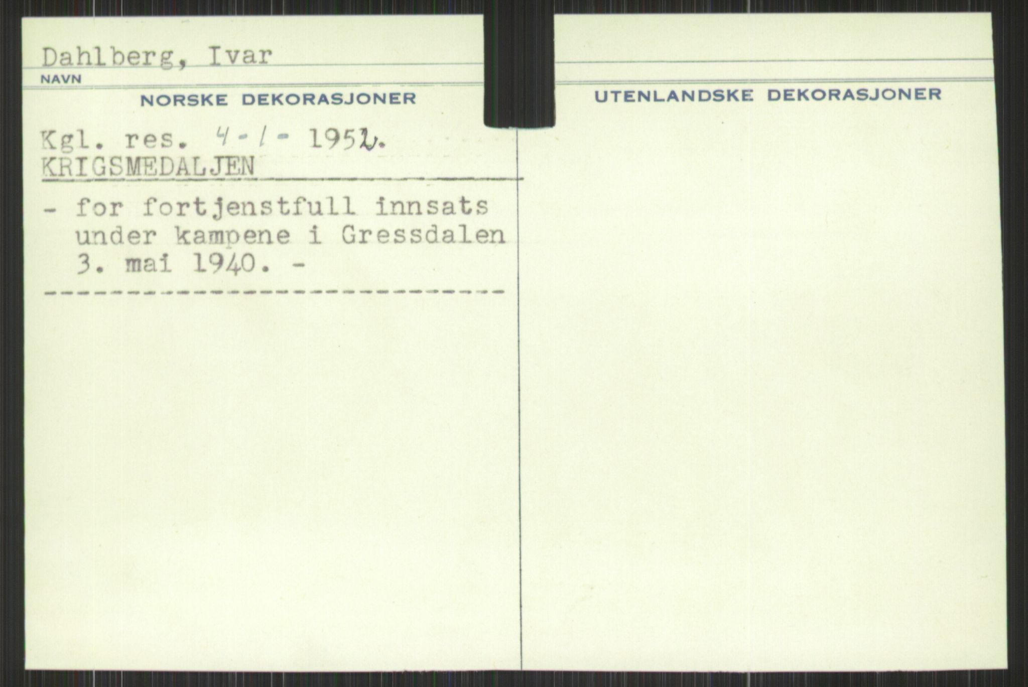 Forsvaret, Krigsdekorasjonskanselliet, AV/RA-RAFA-5156/G/Gd/L0001: Diverse registre, 1944-1956, p. 585