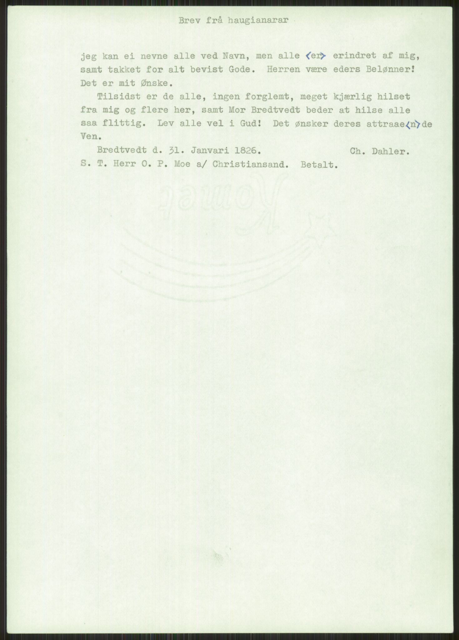 Samlinger til kildeutgivelse, Haugianerbrev, AV/RA-EA-6834/F/L0003: Haugianerbrev III: 1822-1826, 1822-1826