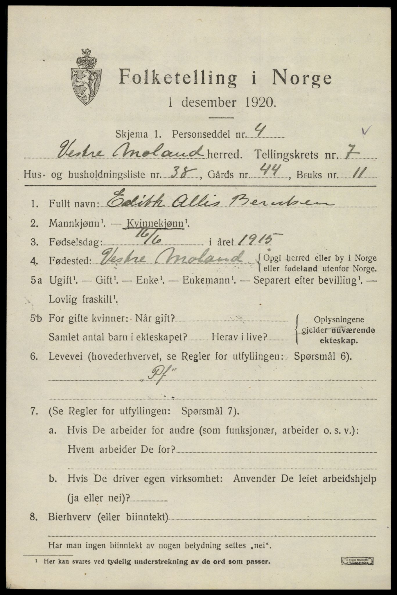 SAK, 1920 census for Vestre Moland, 1920, p. 5189