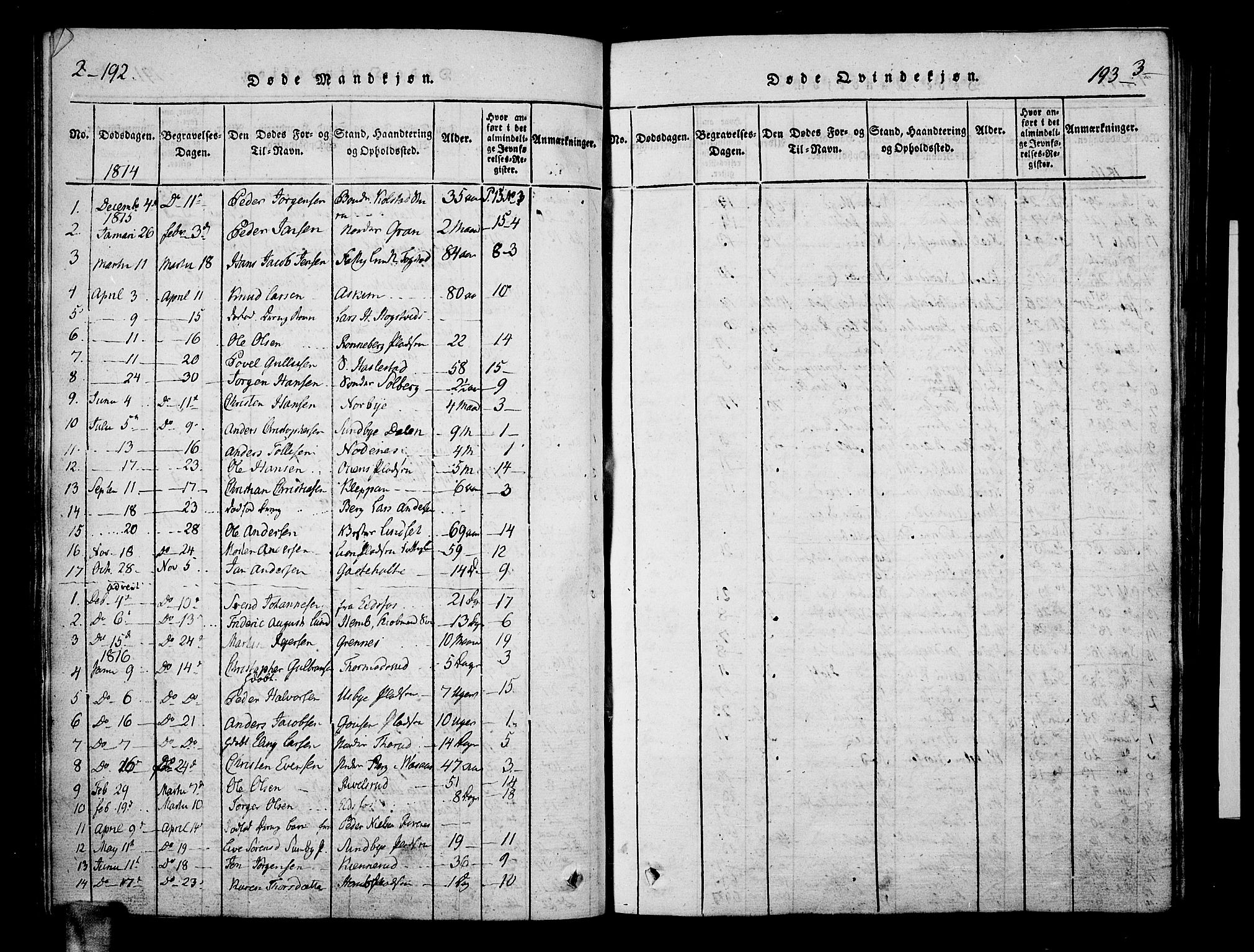 Hof kirkebøker, SAKO/A-64/F/Fa/L0004: Parish register (official) no. I 4, 1814-1843, p. 192-193