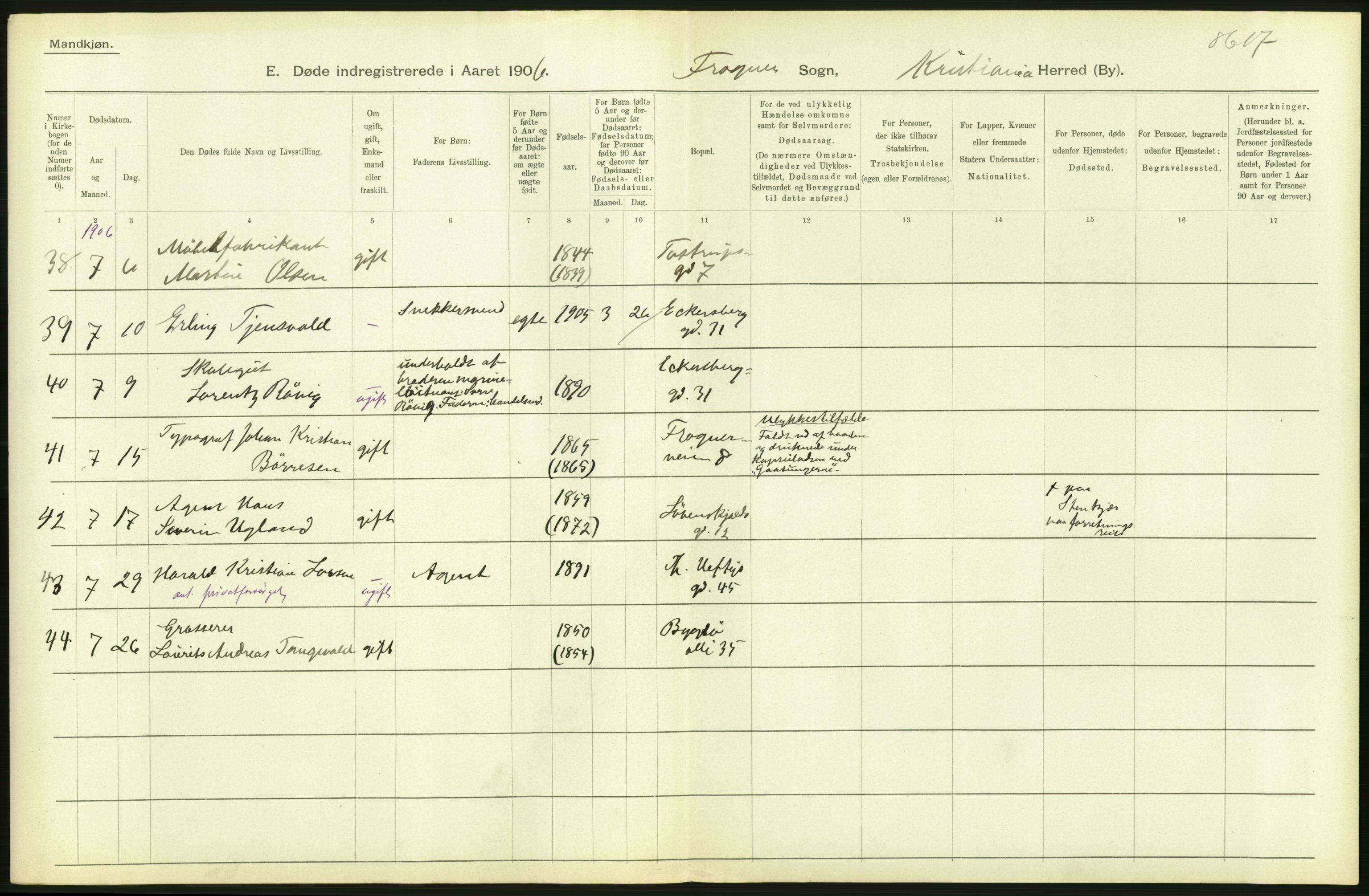 Statistisk sentralbyrå, Sosiodemografiske emner, Befolkning, AV/RA-S-2228/D/Df/Dfa/Dfad/L0009: Kristiania: Døde, 1906, p. 468