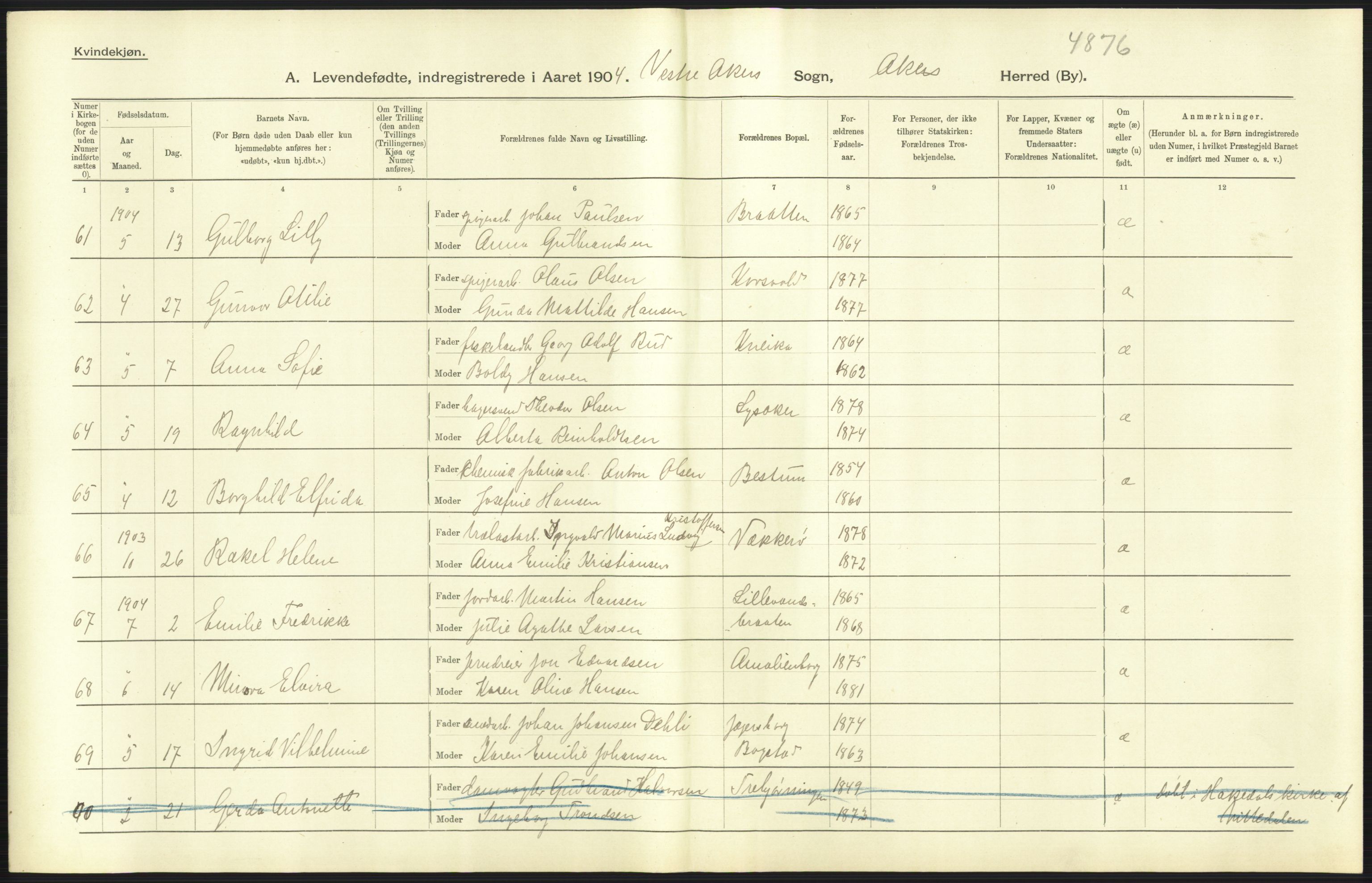 Statistisk sentralbyrå, Sosiodemografiske emner, Befolkning, AV/RA-S-2228/D/Df/Dfa/Dfab/L0002: Akershus amt: Fødte, gifte, døde, 1904, p. 415