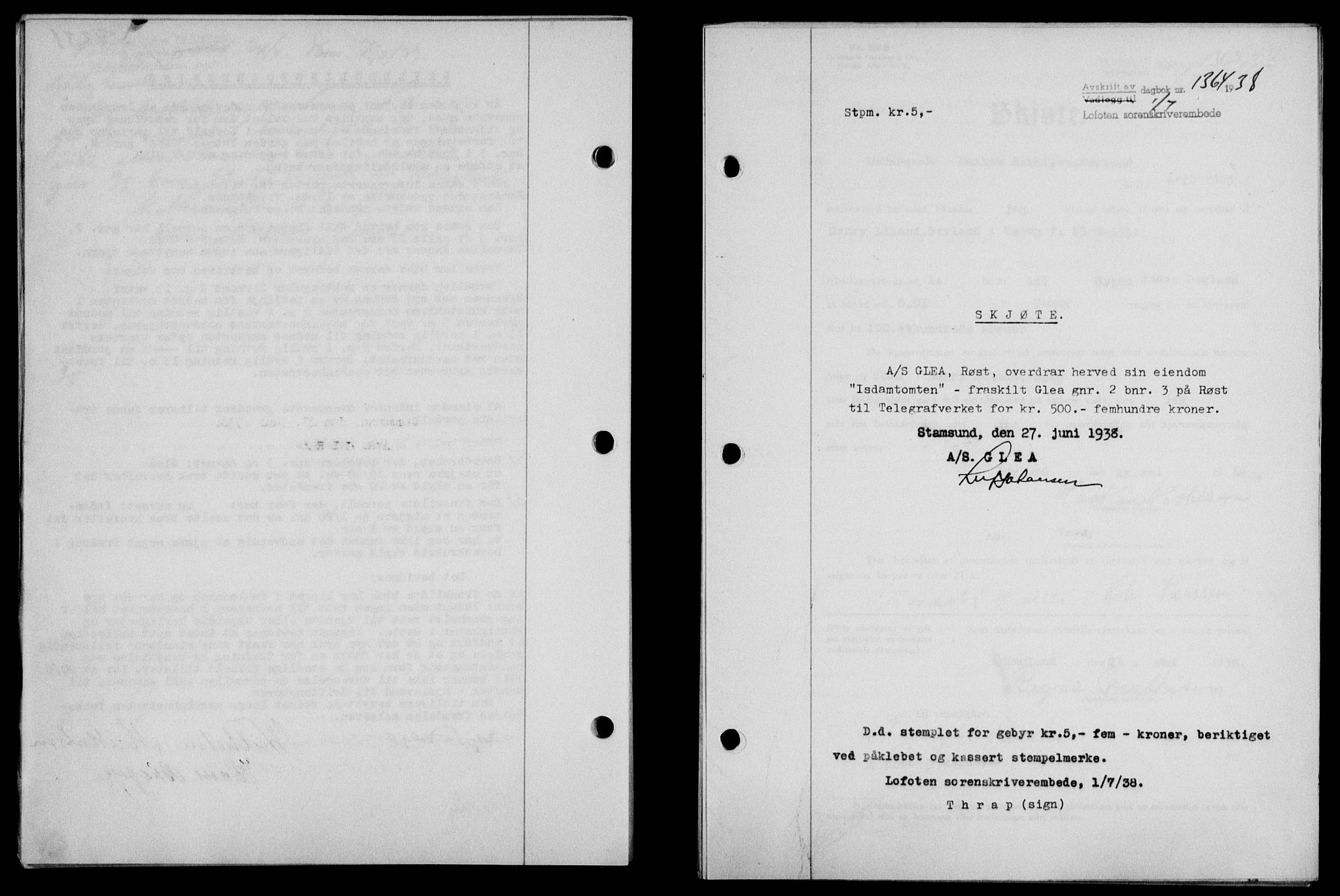 Lofoten sorenskriveri, SAT/A-0017/1/2/2C/L0004a: Mortgage book no. 4a, 1938-1938, Diary no: : 1364/1938