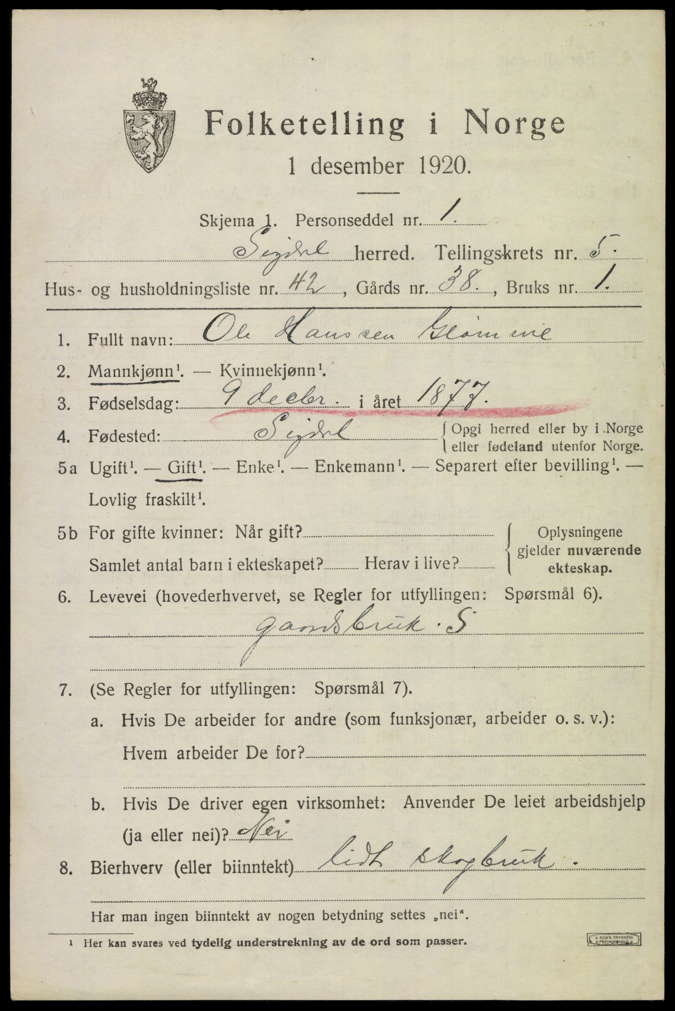 SAKO, 1920 census for Sigdal, 1920, p. 4254