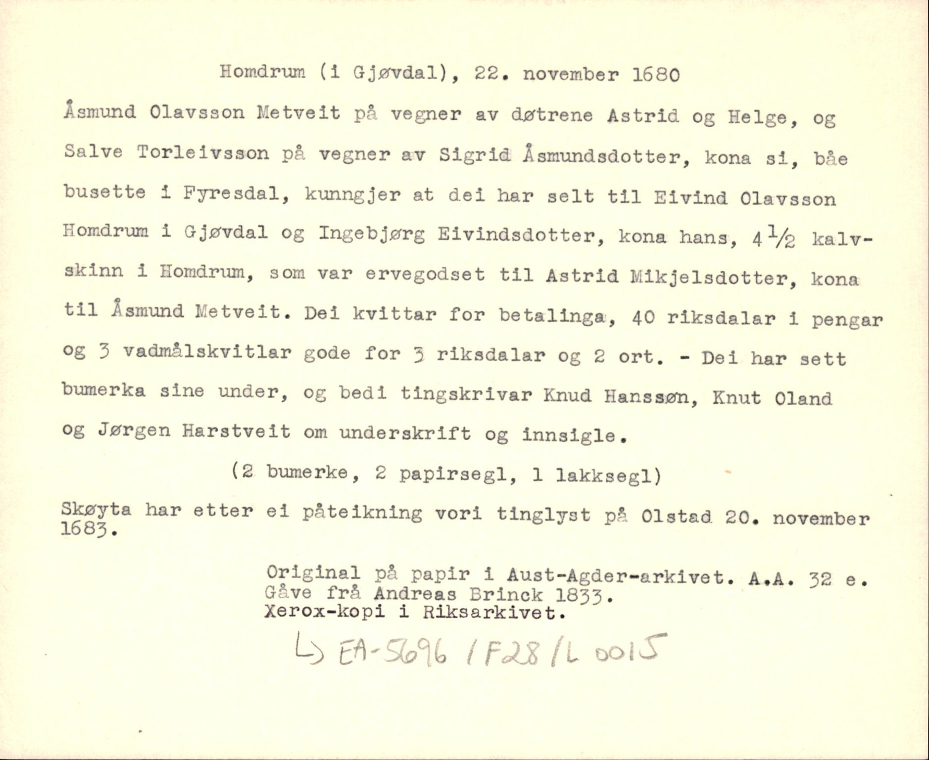 Riksarkivets diplomsamling, AV/RA-EA-5965/F35/F35d/L0005: Innlånte diplomer, seddelregister, 1661-1690, p. 404