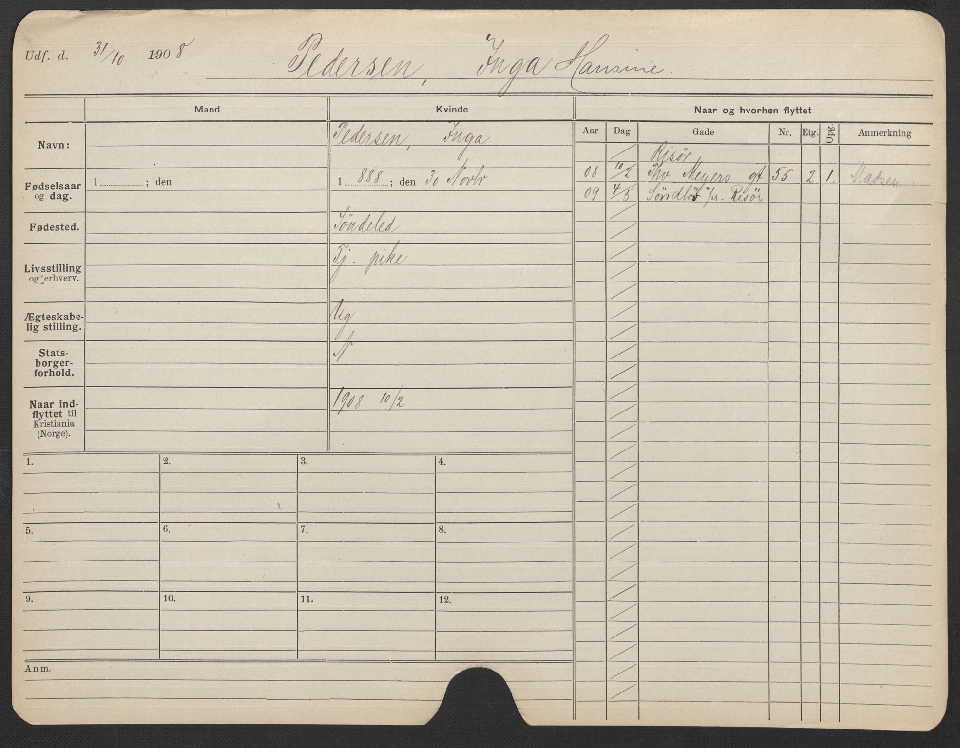 Oslo folkeregister, Registerkort, AV/SAO-A-11715/F/Fa/Fac/L0022: Kvinner, 1906-1914, p. 725a