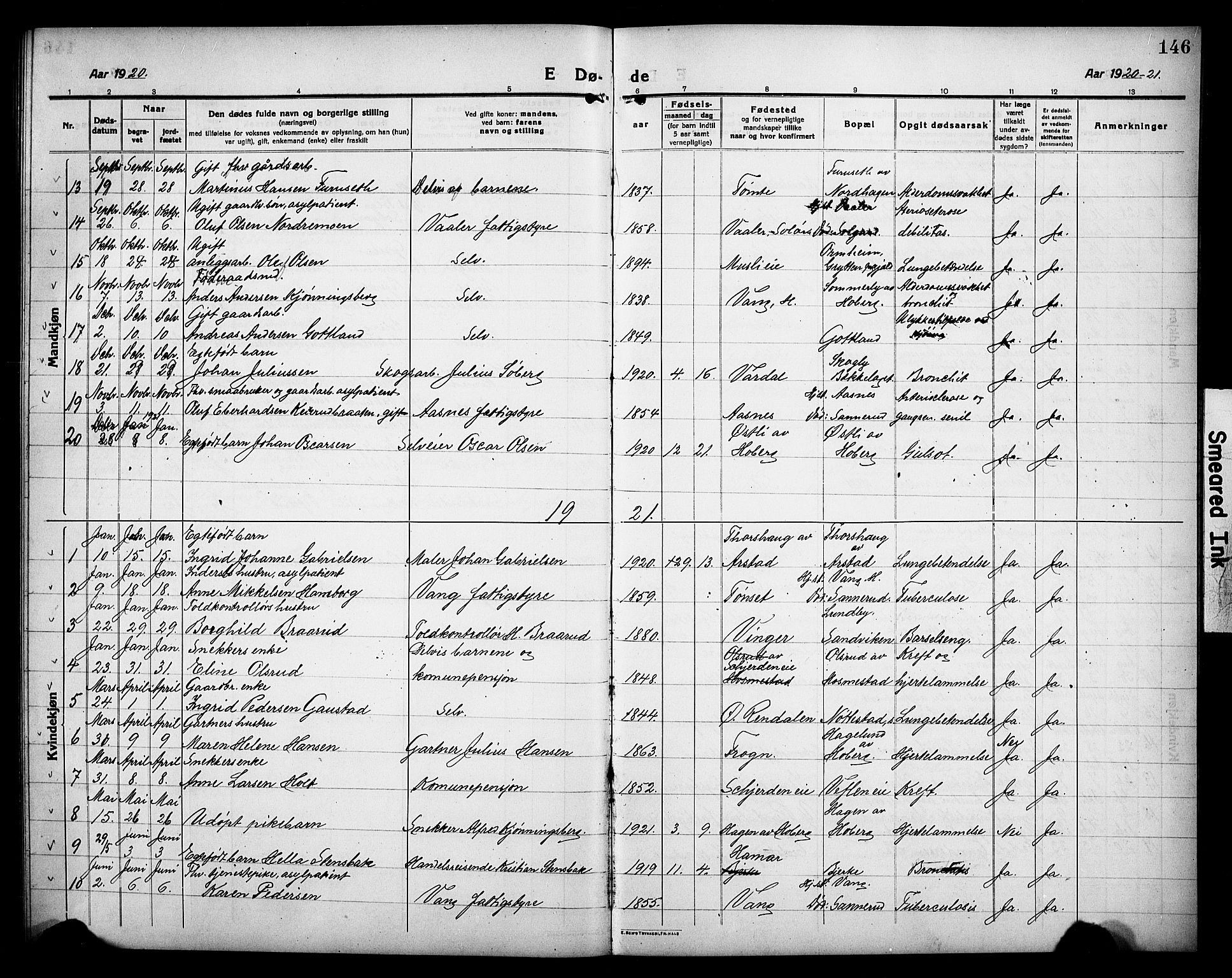 Stange prestekontor, SAH/PREST-002/L/L0015: Parish register (copy) no. 15, 1916-1928, p. 146