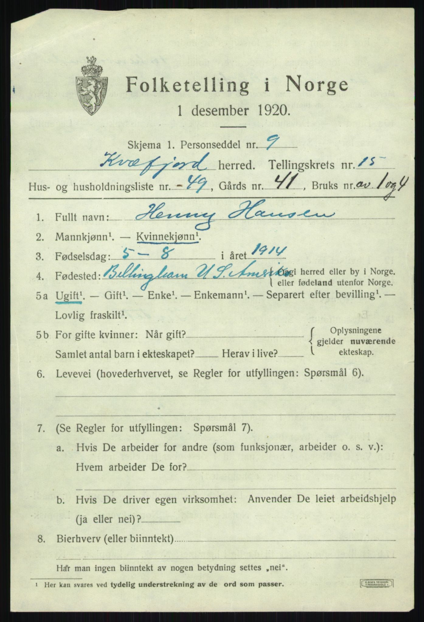 SATØ, 1920 census for Kvæfjord, 1920, p. 7483