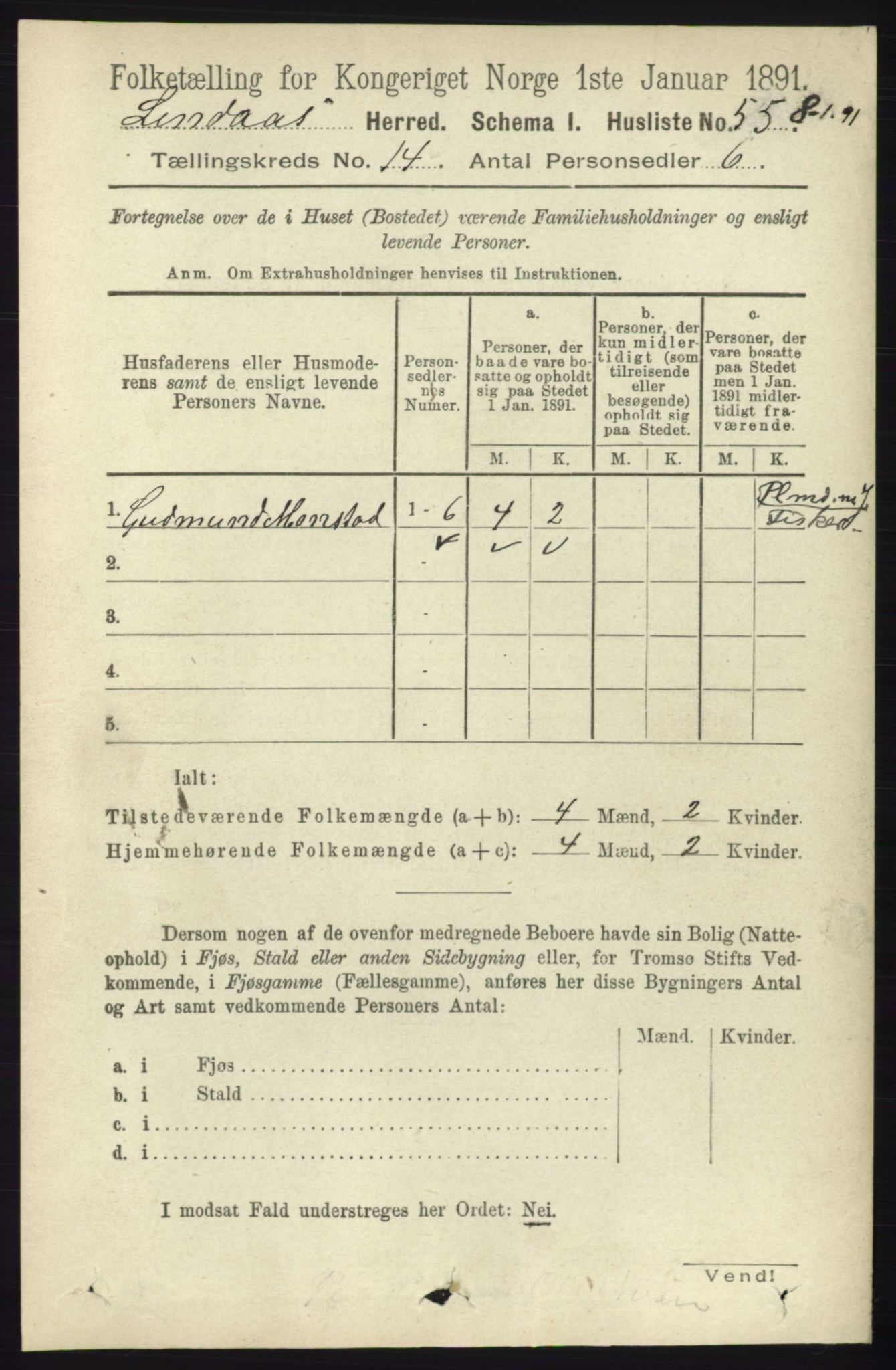 RA, 1891 census for 1263 Lindås, 1891, p. 4890