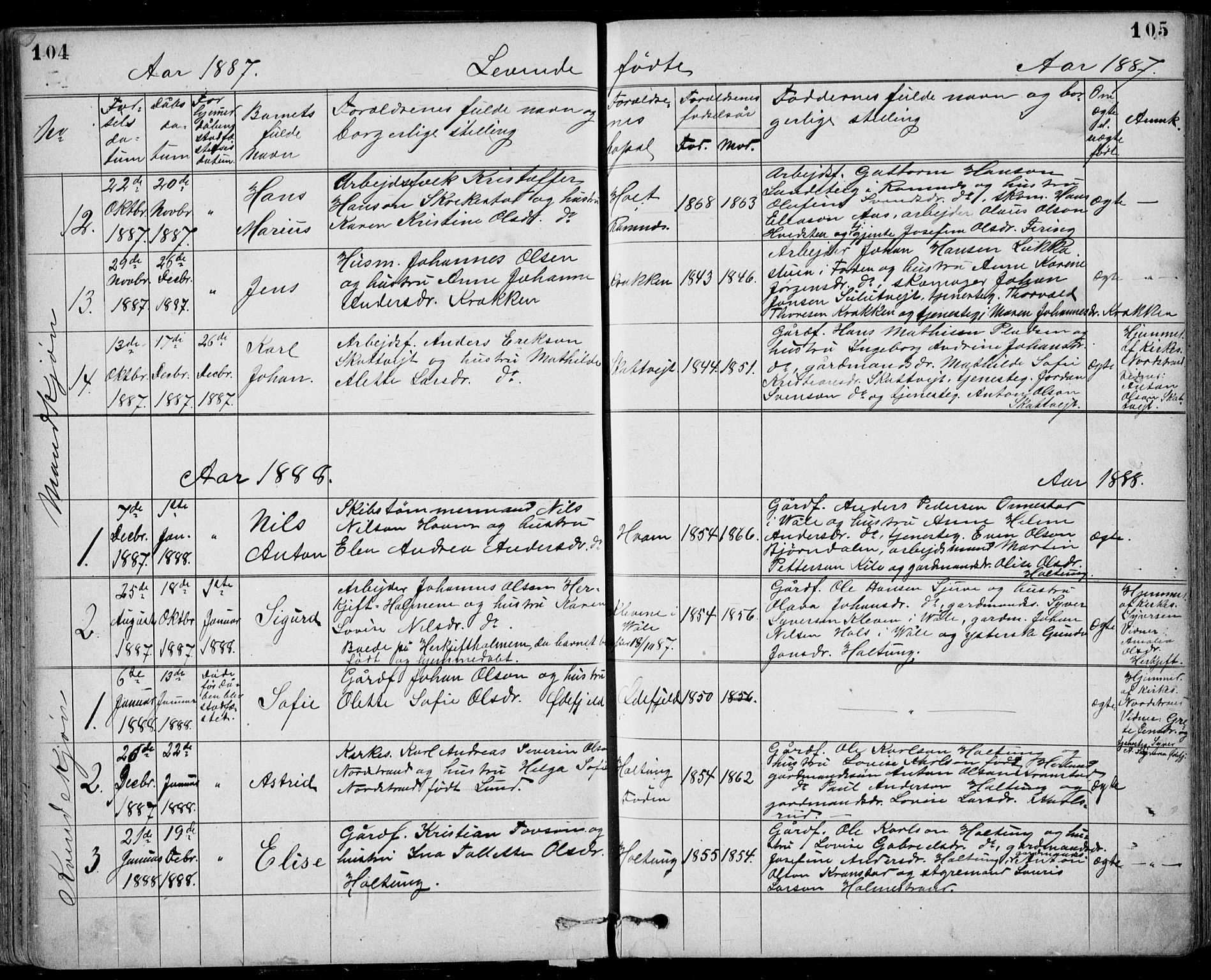 Ramnes kirkebøker, SAKO/A-314/G/Gb/L0001: Parish register (copy) no. II 1, 1869-1904, p. 104-105
