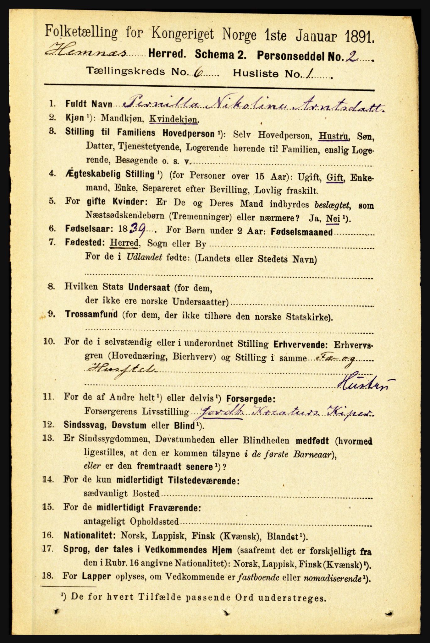 RA, 1891 census for 1832 Hemnes, 1891, p. 2933