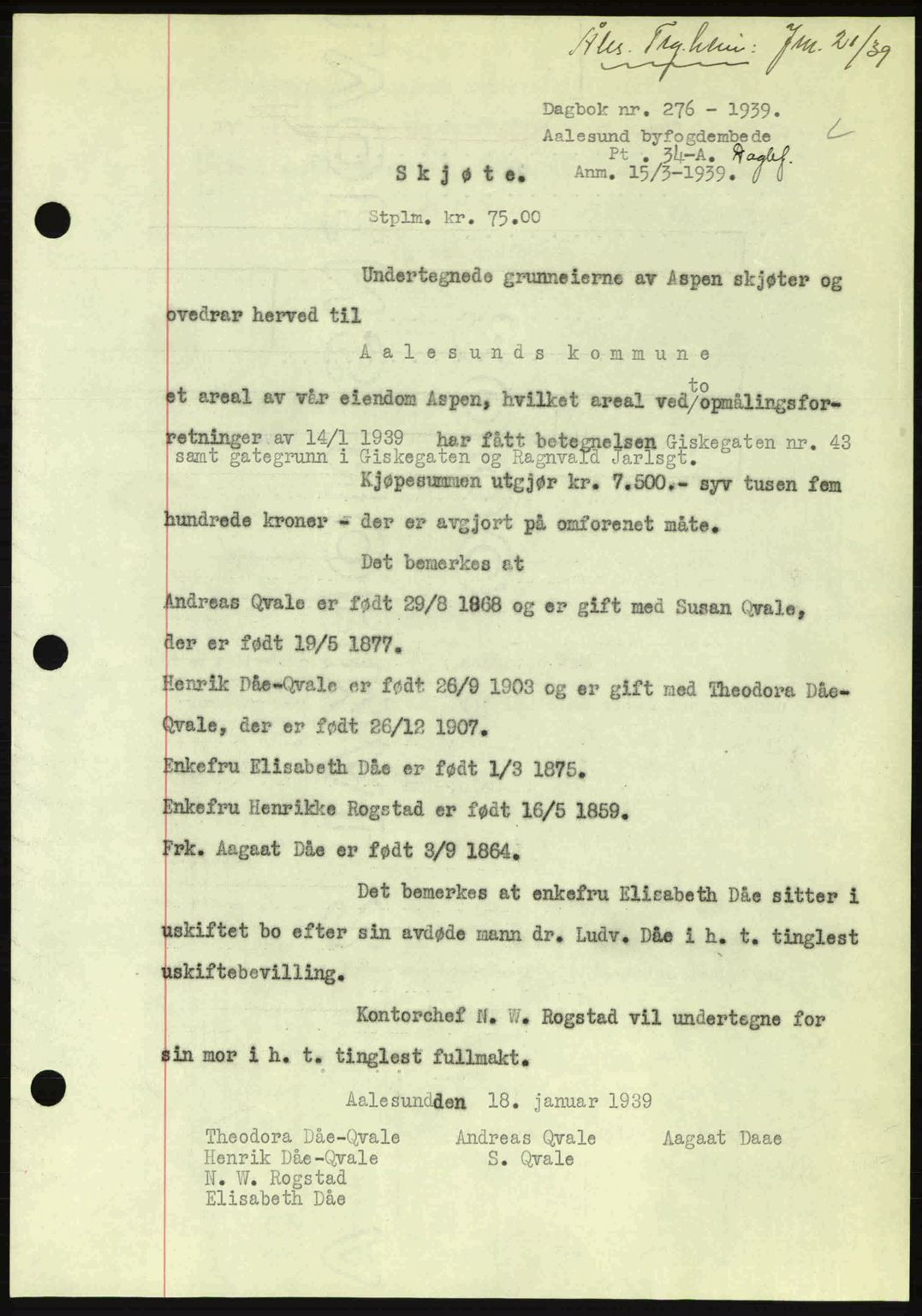 Ålesund byfogd, AV/SAT-A-4384: Mortgage book no. 34 II, 1938-1940, Diary no: : 276/1939