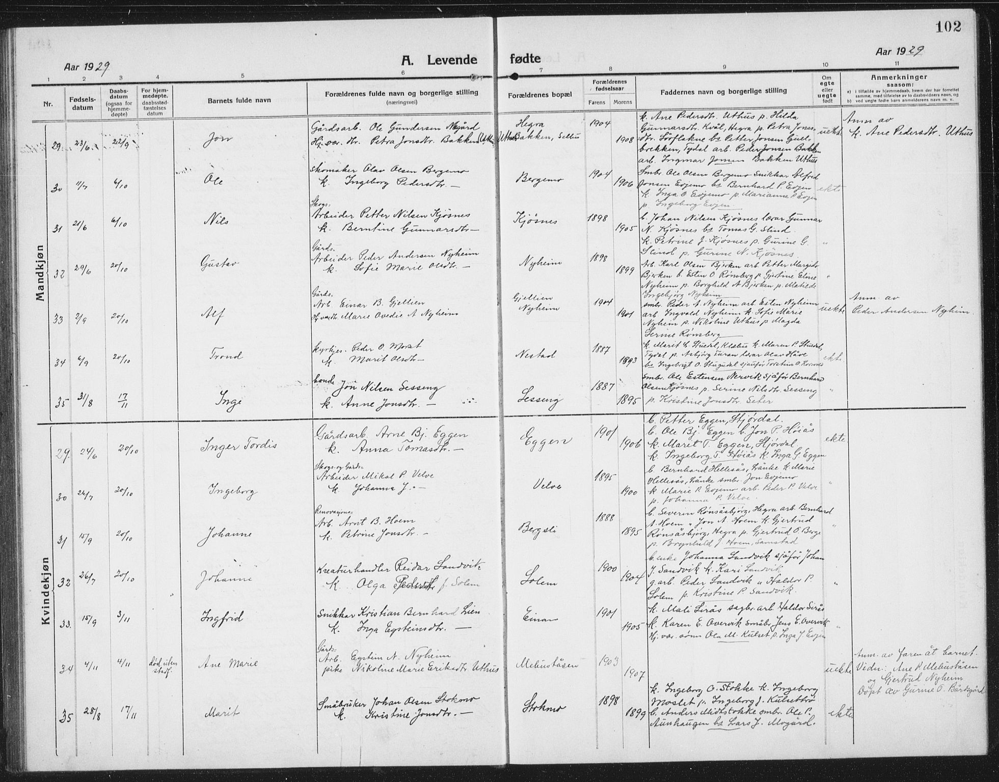 Ministerialprotokoller, klokkerbøker og fødselsregistre - Sør-Trøndelag, AV/SAT-A-1456/695/L1158: Parish register (copy) no. 695C09, 1913-1940, p. 102