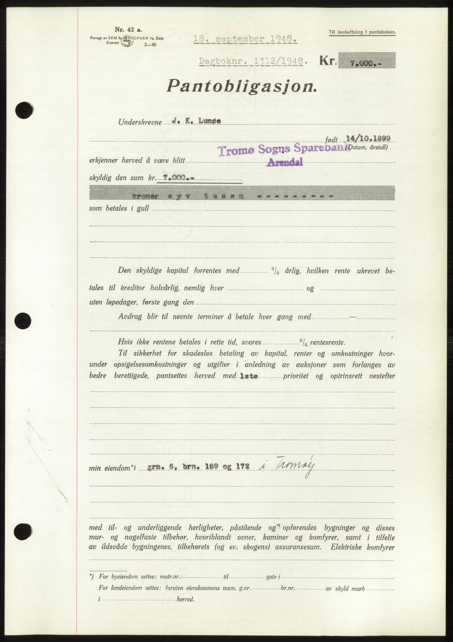 Nedenes sorenskriveri, AV/SAK-1221-0006/G/Gb/Gbb/L0005: Mortgage book no. B5, 1948-1948, Diary no: : 1312/1948