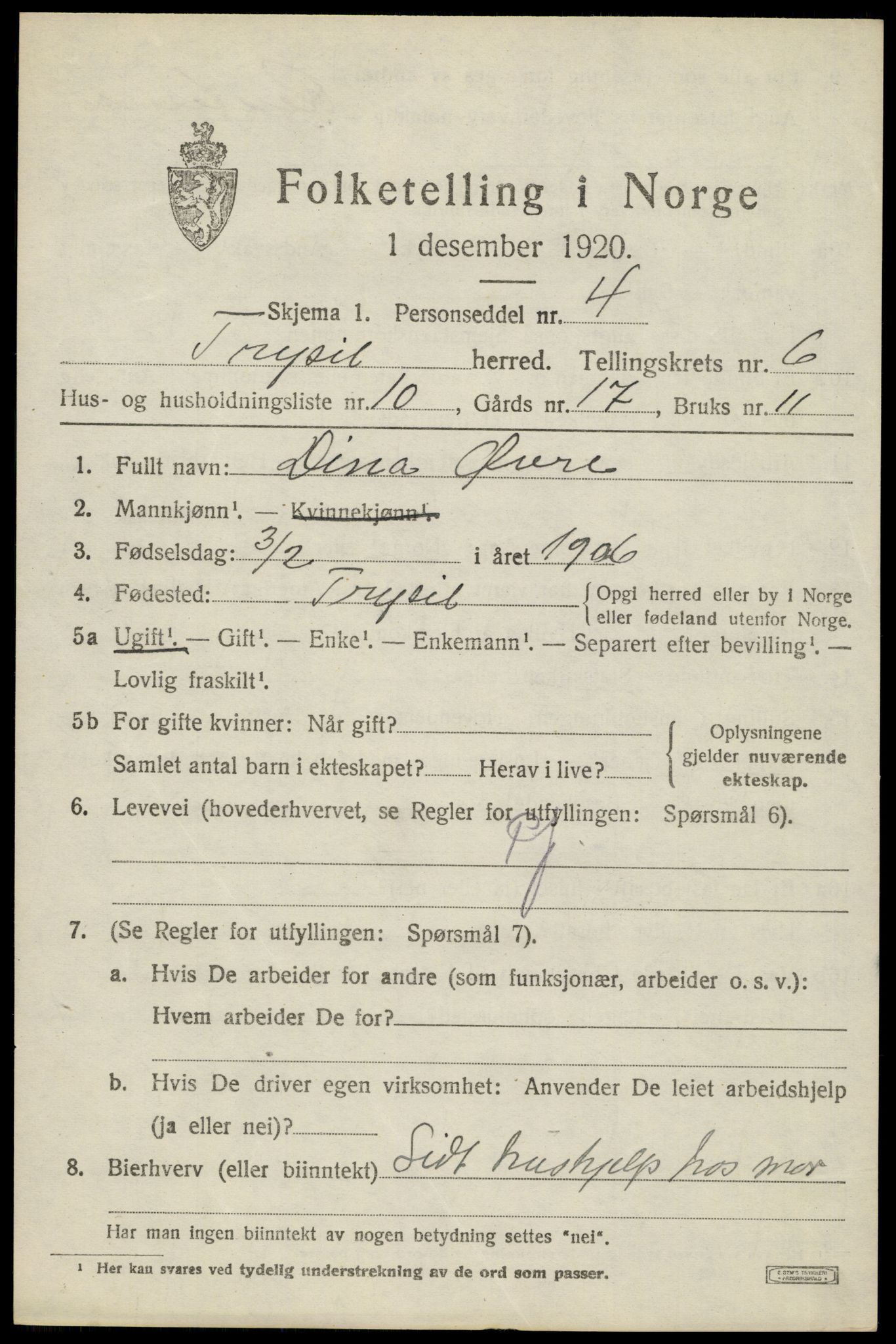 SAH, 1920 census for Trysil, 1920, p. 4657