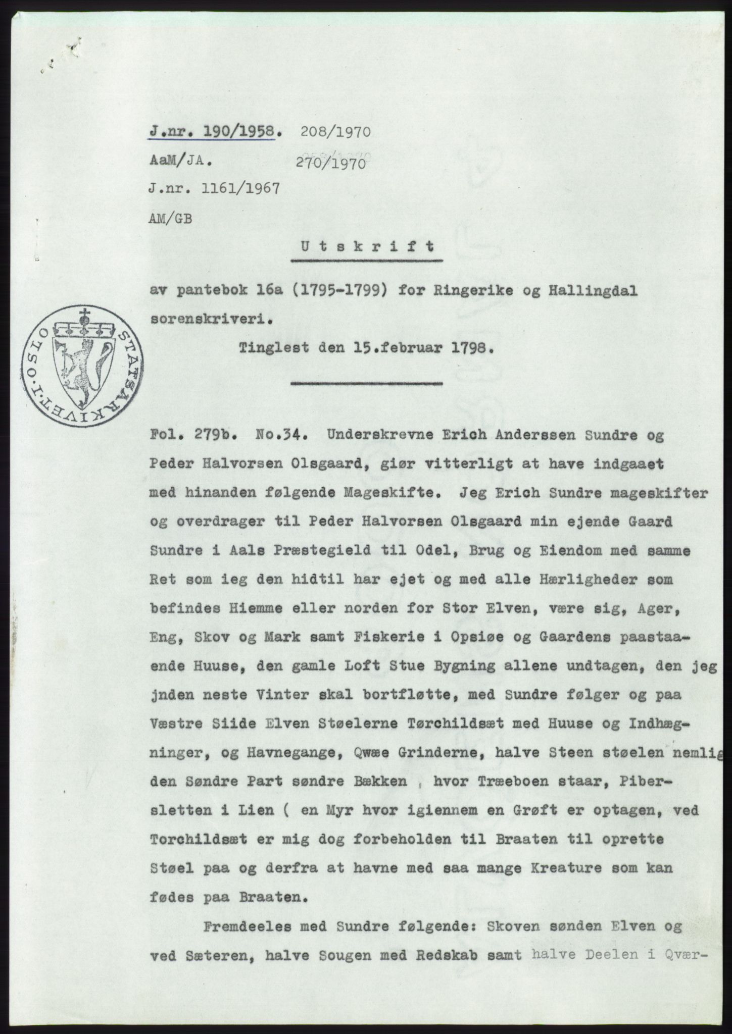Statsarkivet i Kongsberg, AV/SAKO-A-0001/E/Ee/L0011: Avskrifter, SAO jnr. 1262/1957 - 200/1958, 1957-1958, p. 442