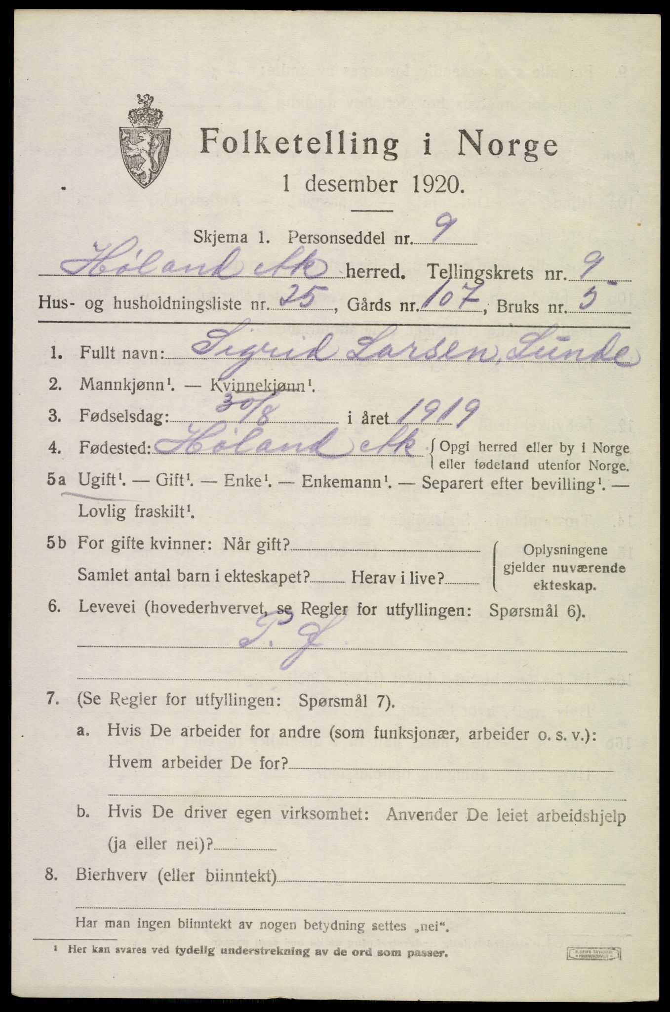 SAO, 1920 census for Høland, 1920, p. 10255